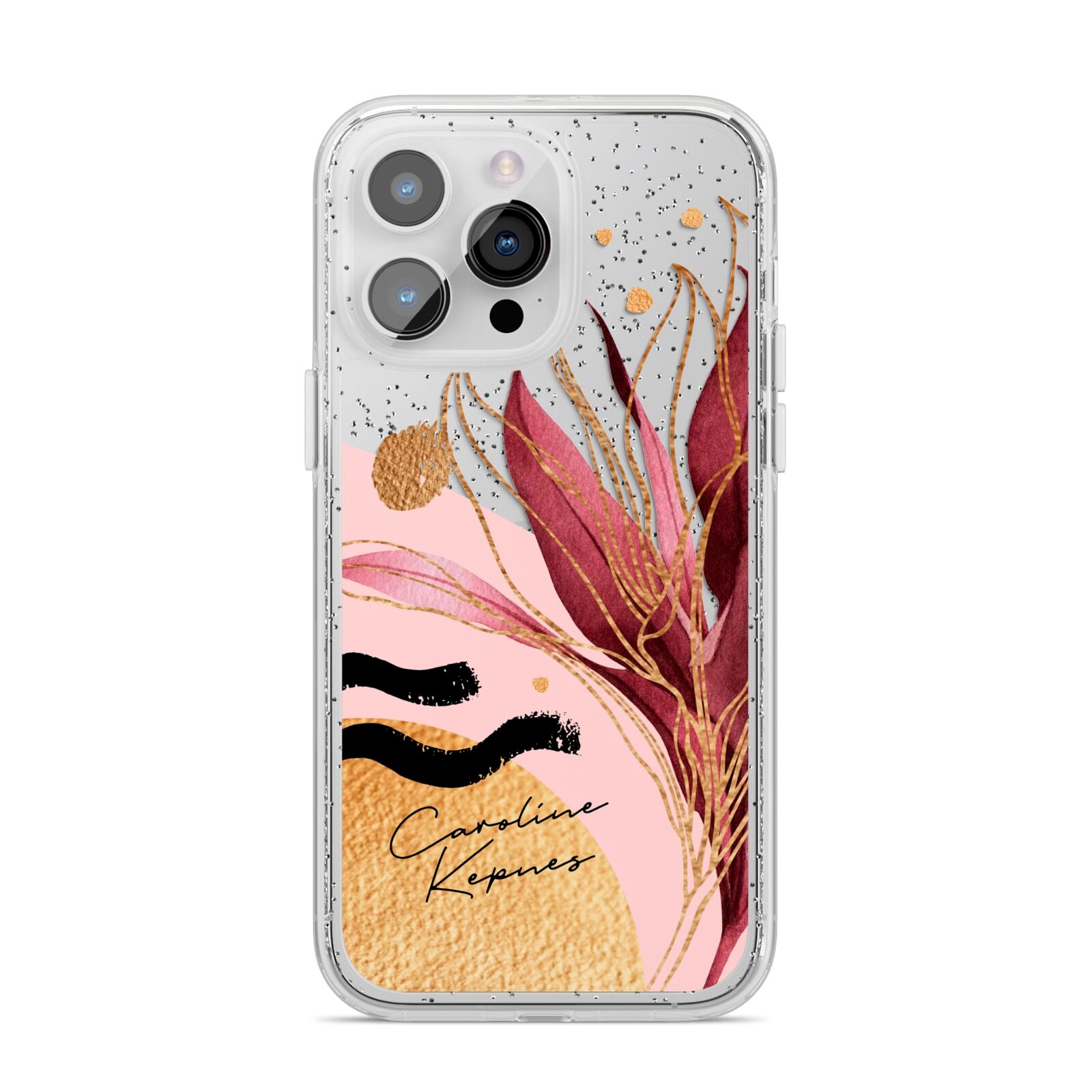 Personalised Tropical Red Leaf iPhone 14 Pro Max Glitter Tough Case Silver