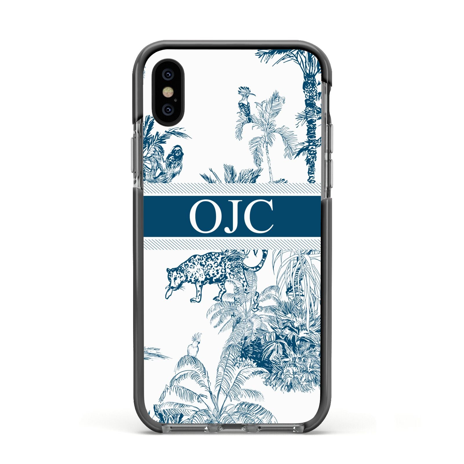 Personalised Tropical Toile Apple iPhone Xs Impact Case Black Edge on Black Phone