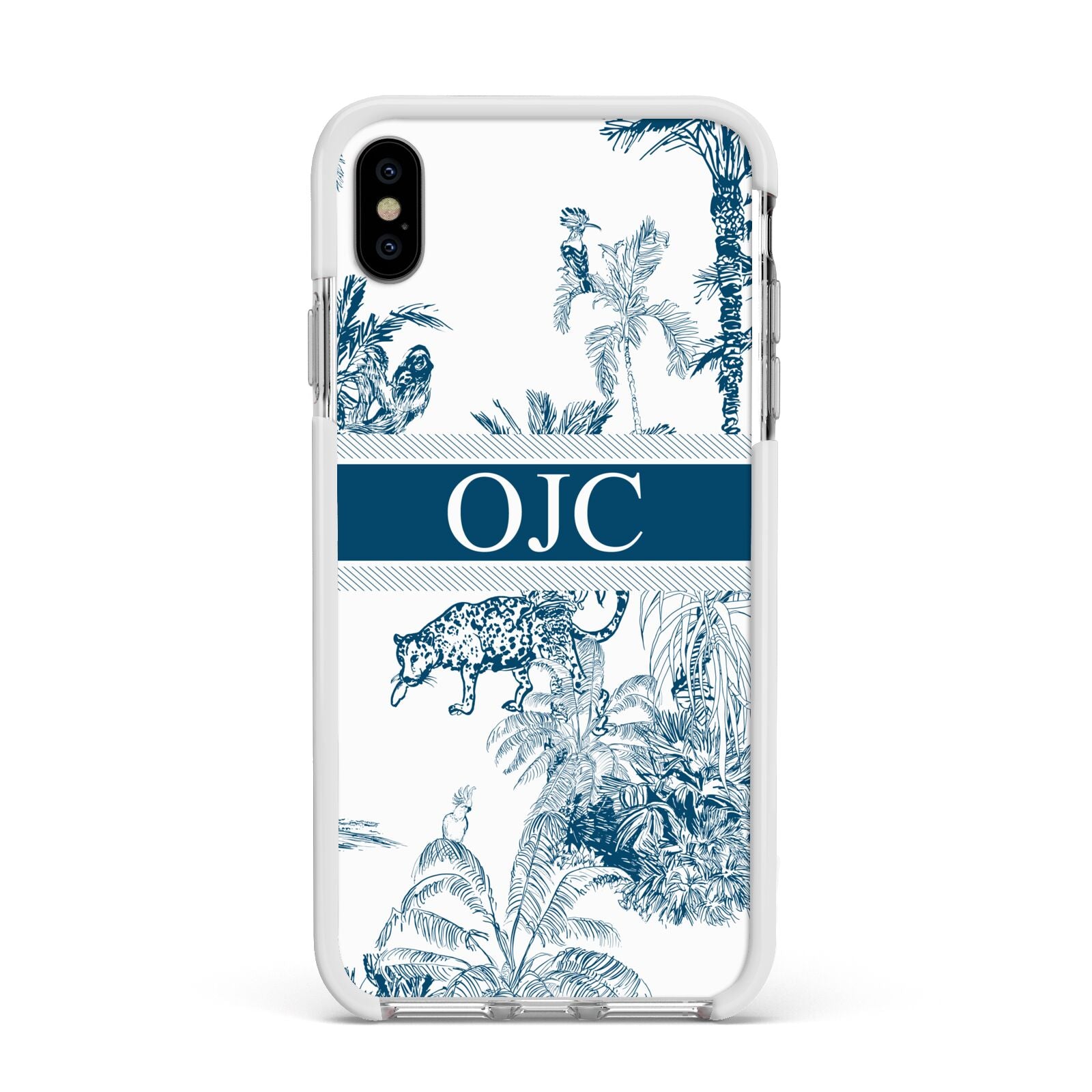 Personalised Tropical Toile Apple iPhone Xs Max Impact Case White Edge on Silver Phone