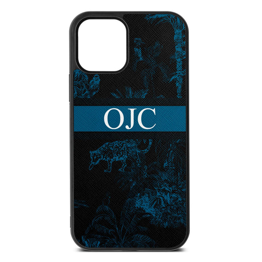 Personalised Tropical Toile Black Saffiano Leather iPhone 12 Case
