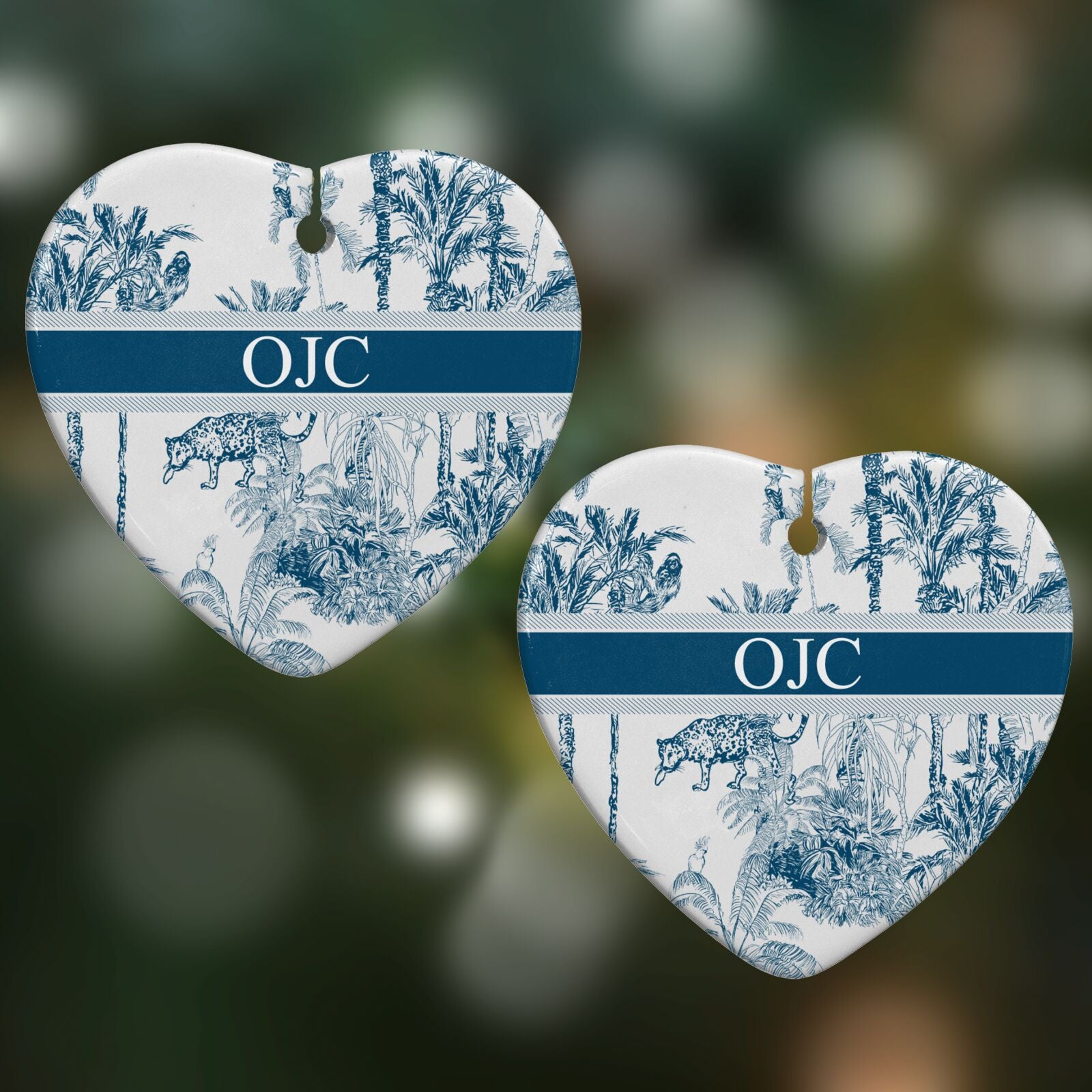 Personalised Tropical Toile Heart Decoration on Christmas Background