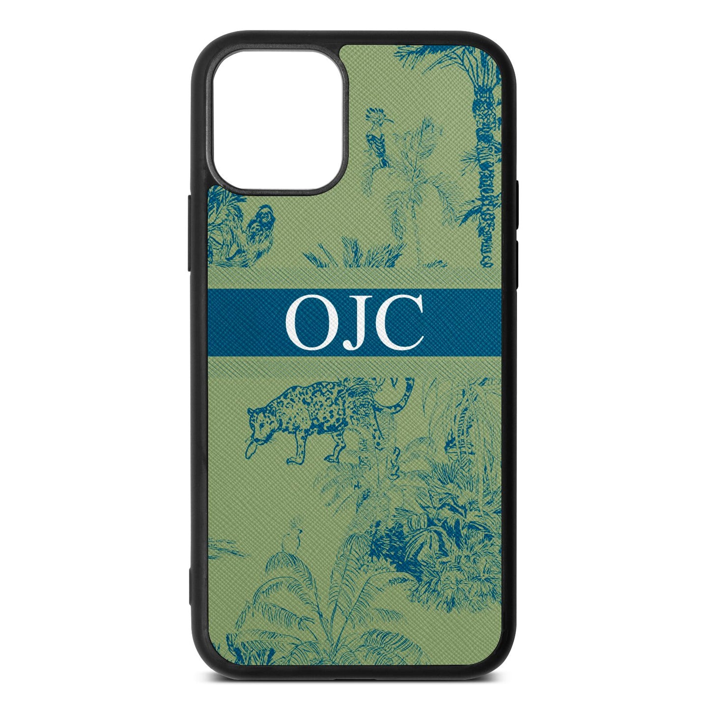 Personalised Tropical Toile Lime Saffiano Leather iPhone 11 Case