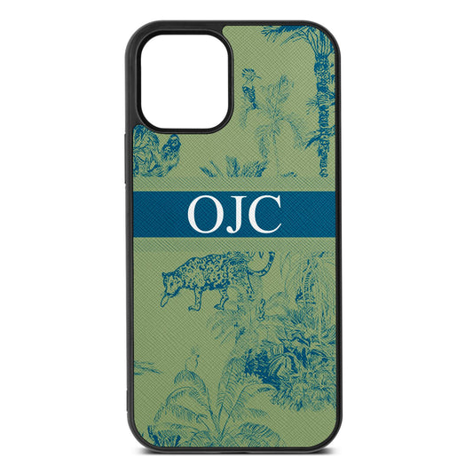 Personalised Tropical Toile Lime Saffiano Leather iPhone 12 Case