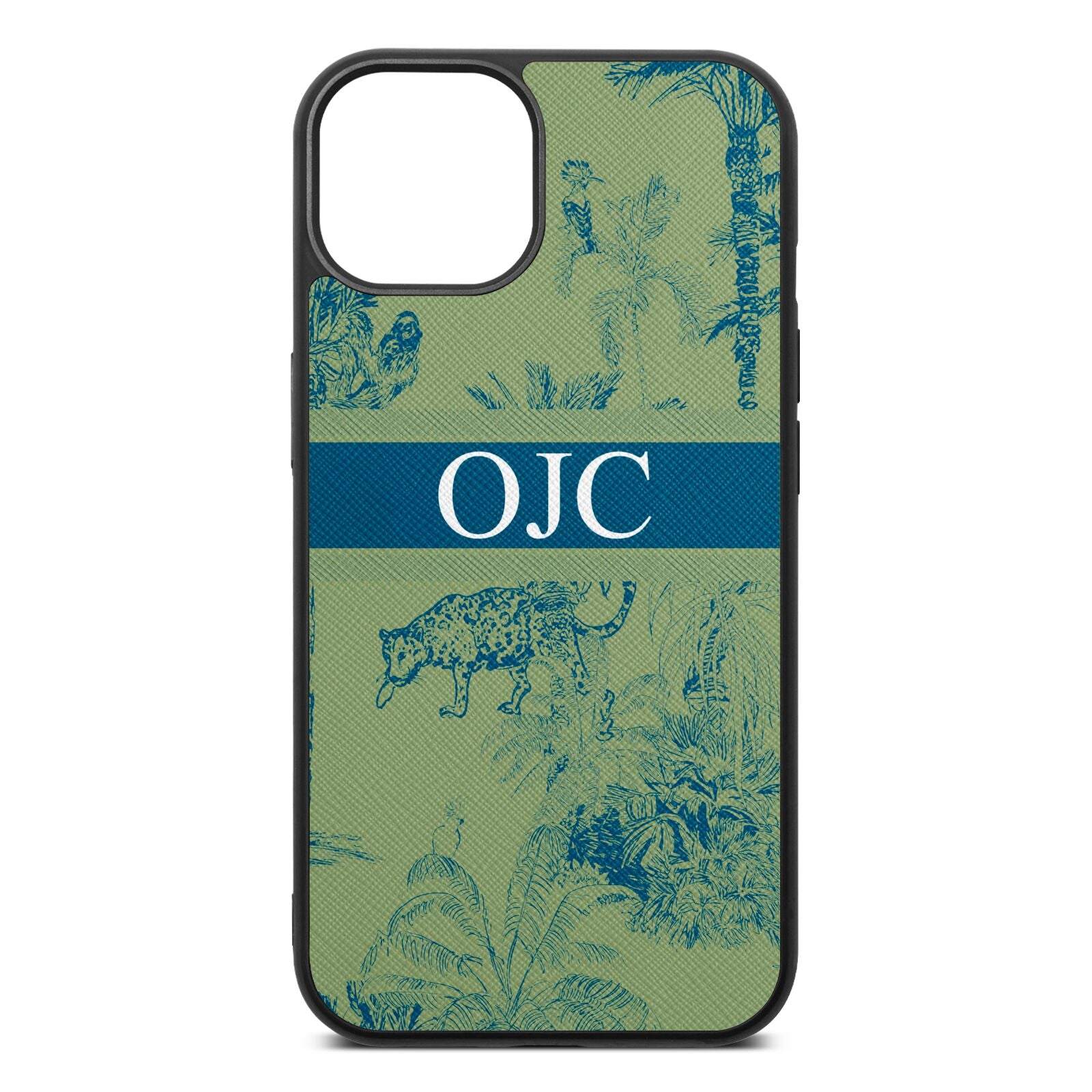 Personalised Tropical Toile Lime Saffiano Leather iPhone 13 Case