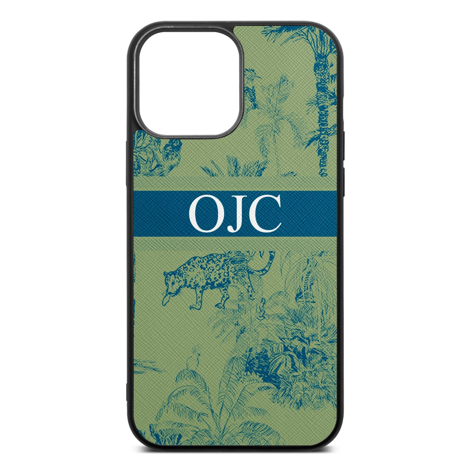 Personalised Tropical Toile Lime Saffiano Leather iPhone 13 Pro Max Case