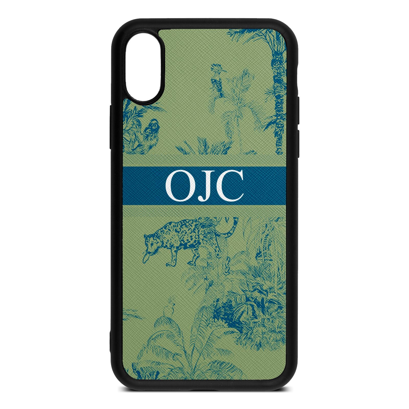 Personalised Tropical Toile Lime Saffiano Leather iPhone Xs Case