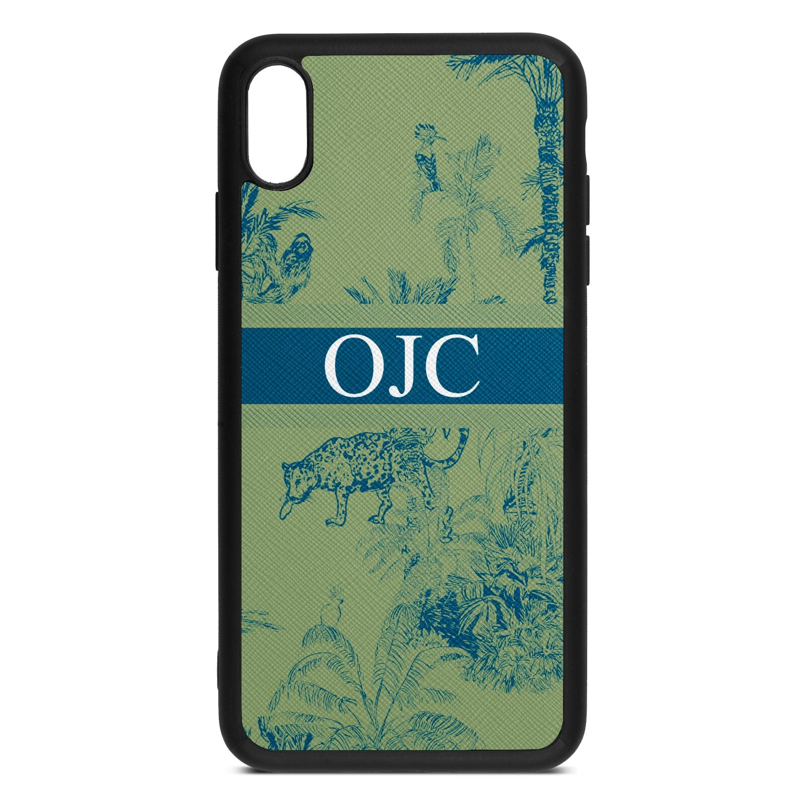 Personalised Tropical Toile Lime Saffiano Leather iPhone Xs Max Case