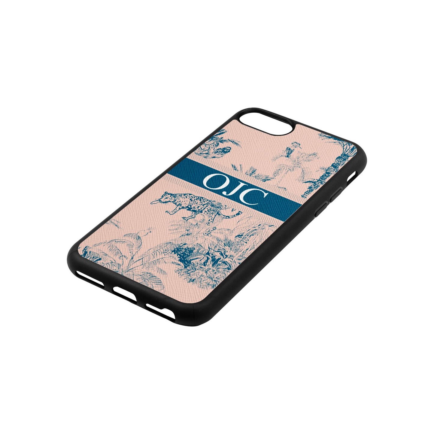 Personalised Tropical Toile Nude Saffiano Leather iPhone 8 Case Side Angle