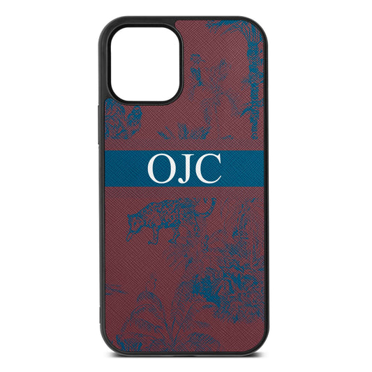 Personalised Tropical Toile Rose Brown Saffiano Leather iPhone 12 Case