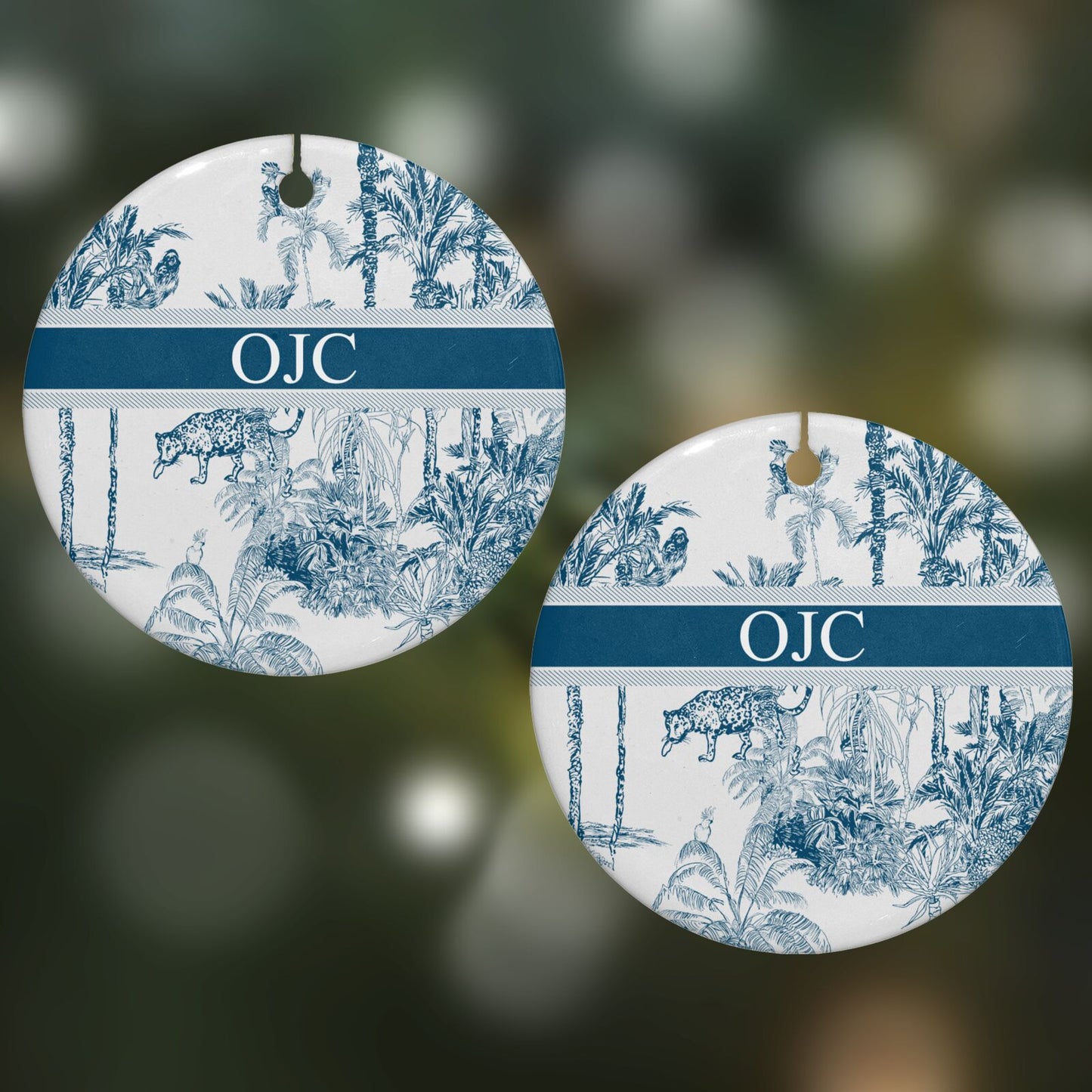 Personalised Tropical Toile Round Decoration on Christmas Background