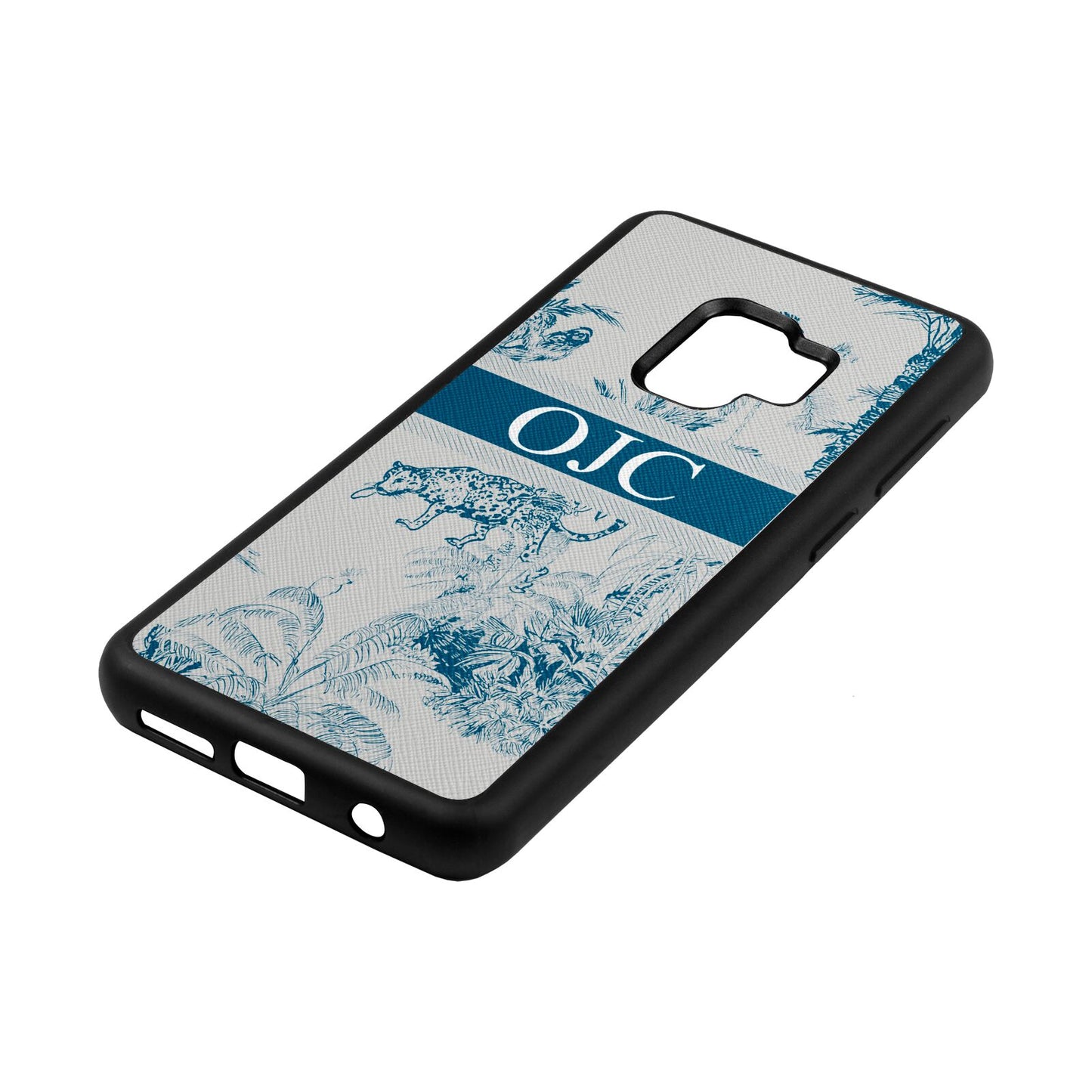 Personalised Tropical Toile Silver Saffiano Leather Samsung S9 Case Side Angle