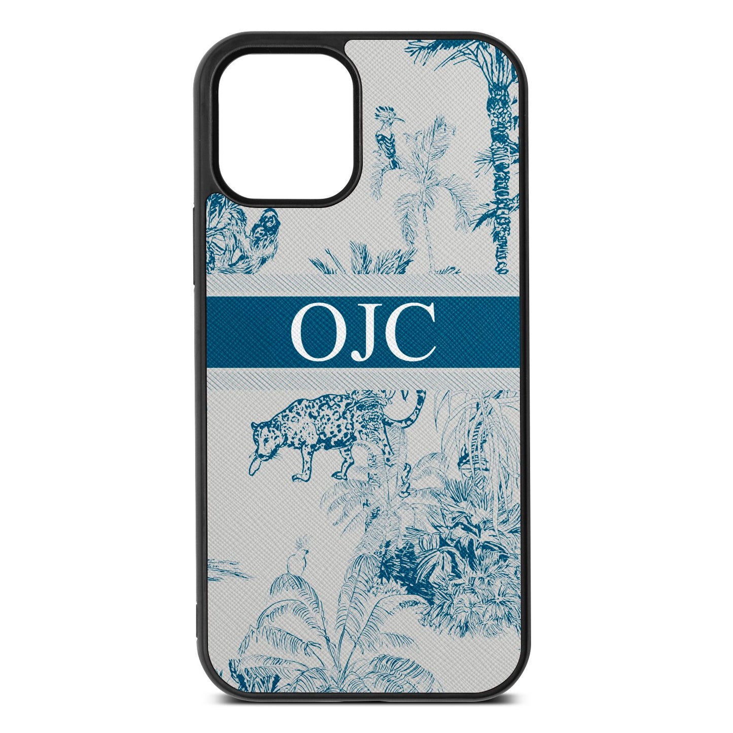 Personalised Tropical Toile Silver Saffiano Leather iPhone 12 Case