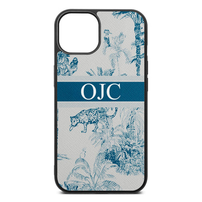 Personalised Tropical Toile Silver Saffiano Leather iPhone 13 Case