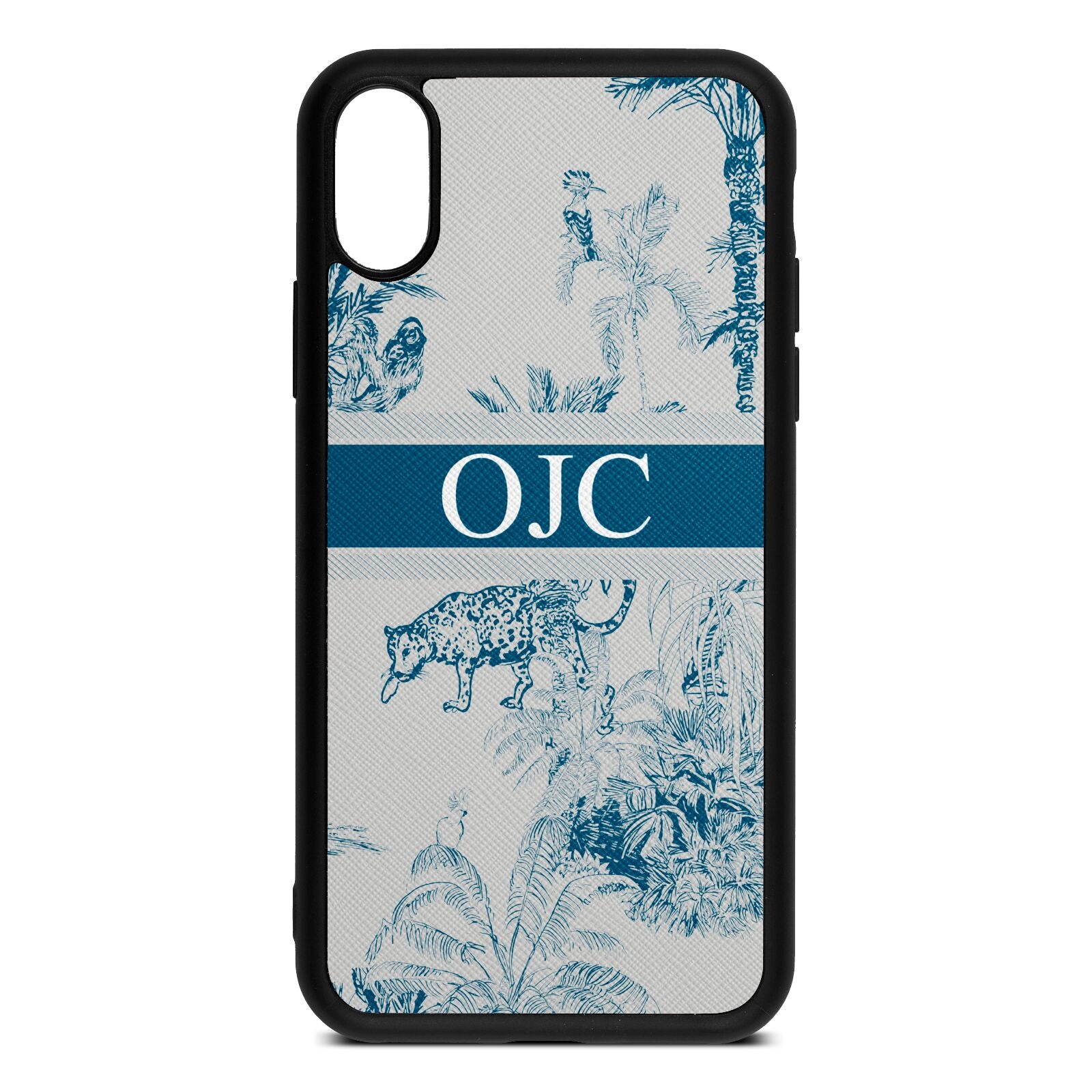 Personalised Tropical Toile Silver Saffiano Leather iPhone Xs Case
