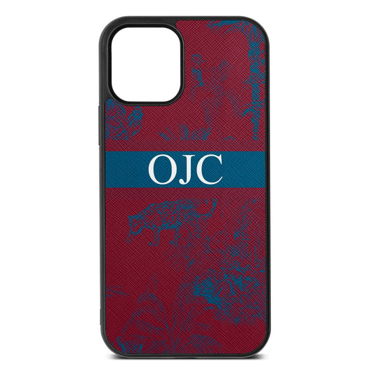 Personalised Tropical Toile Wine Red Saffiano Leather iPhone 12 Case