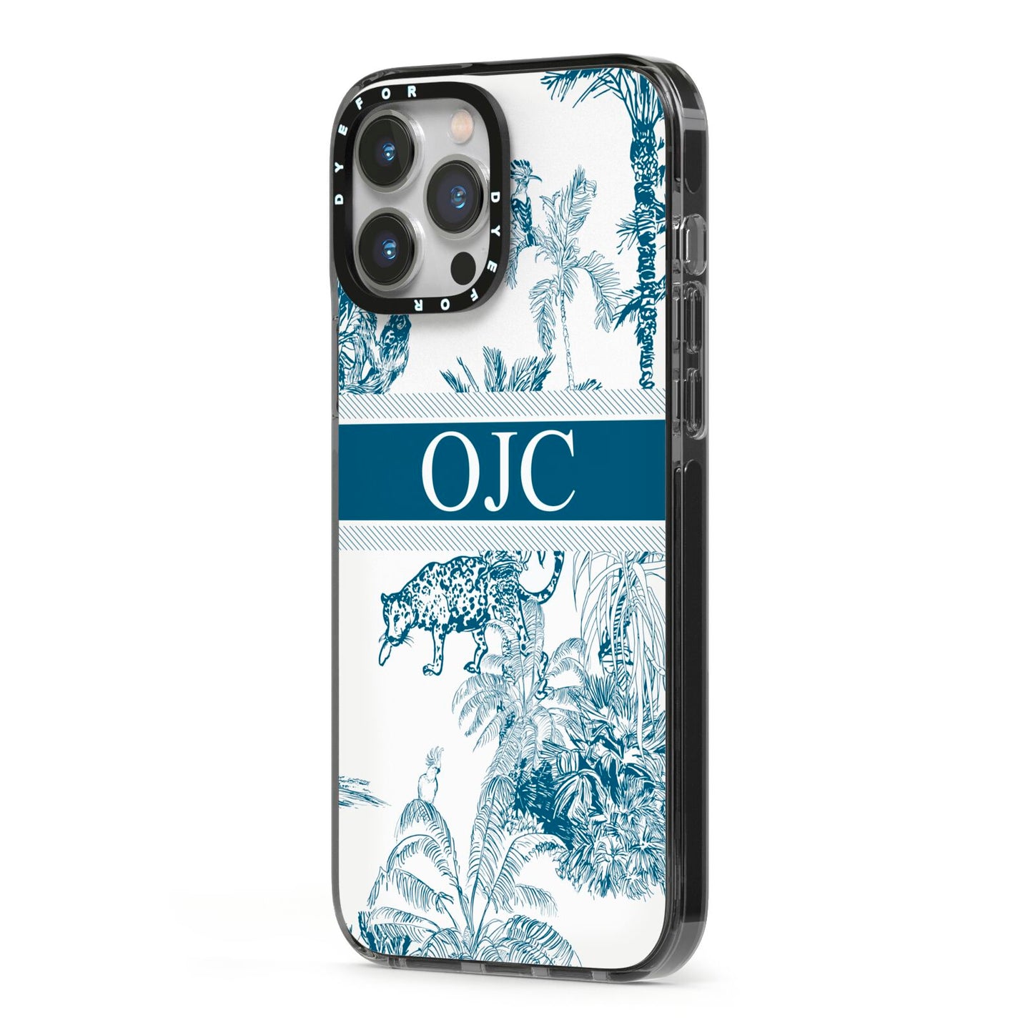 Personalised Tropical Toile iPhone 13 Pro Max Black Impact Case Side Angle on Silver phone