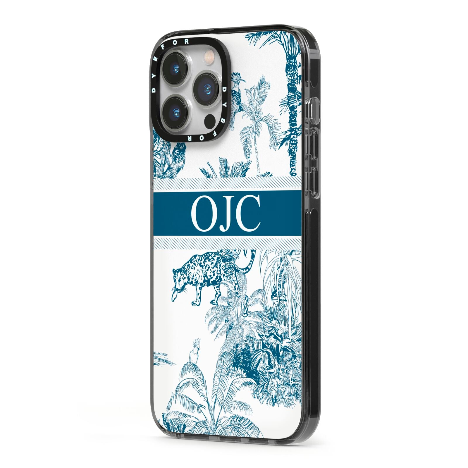 Personalised Tropical Toile iPhone 13 Pro Max Black Impact Case Side Angle on Silver phone