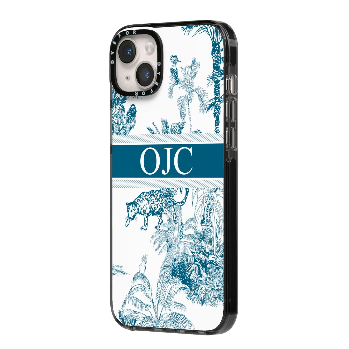 Personalised Tropical Toile iPhone 14 Plus Black Impact Case Side Angle on Silver phone