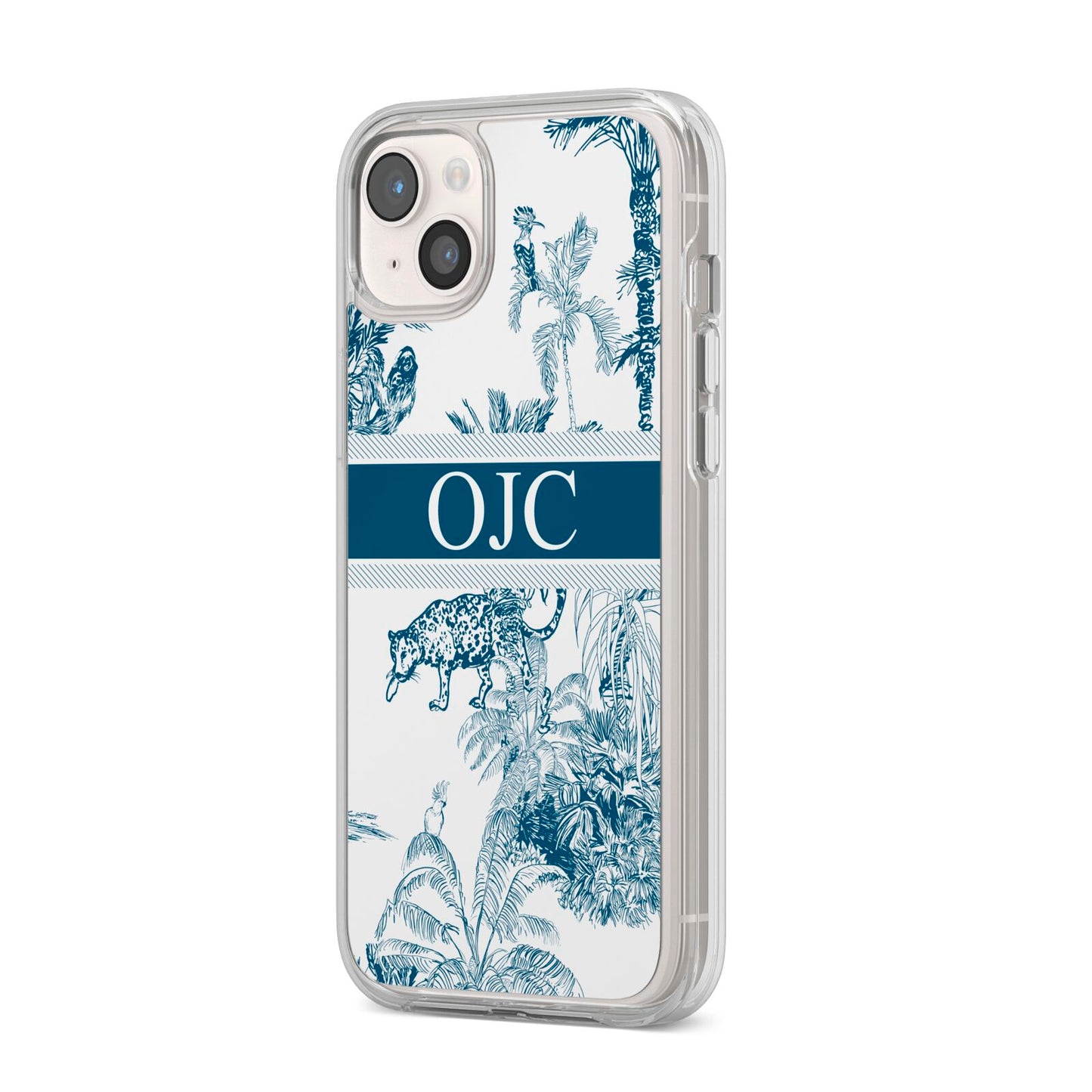 Personalised Tropical Toile iPhone 14 Plus Clear Tough Case Starlight Angled Image