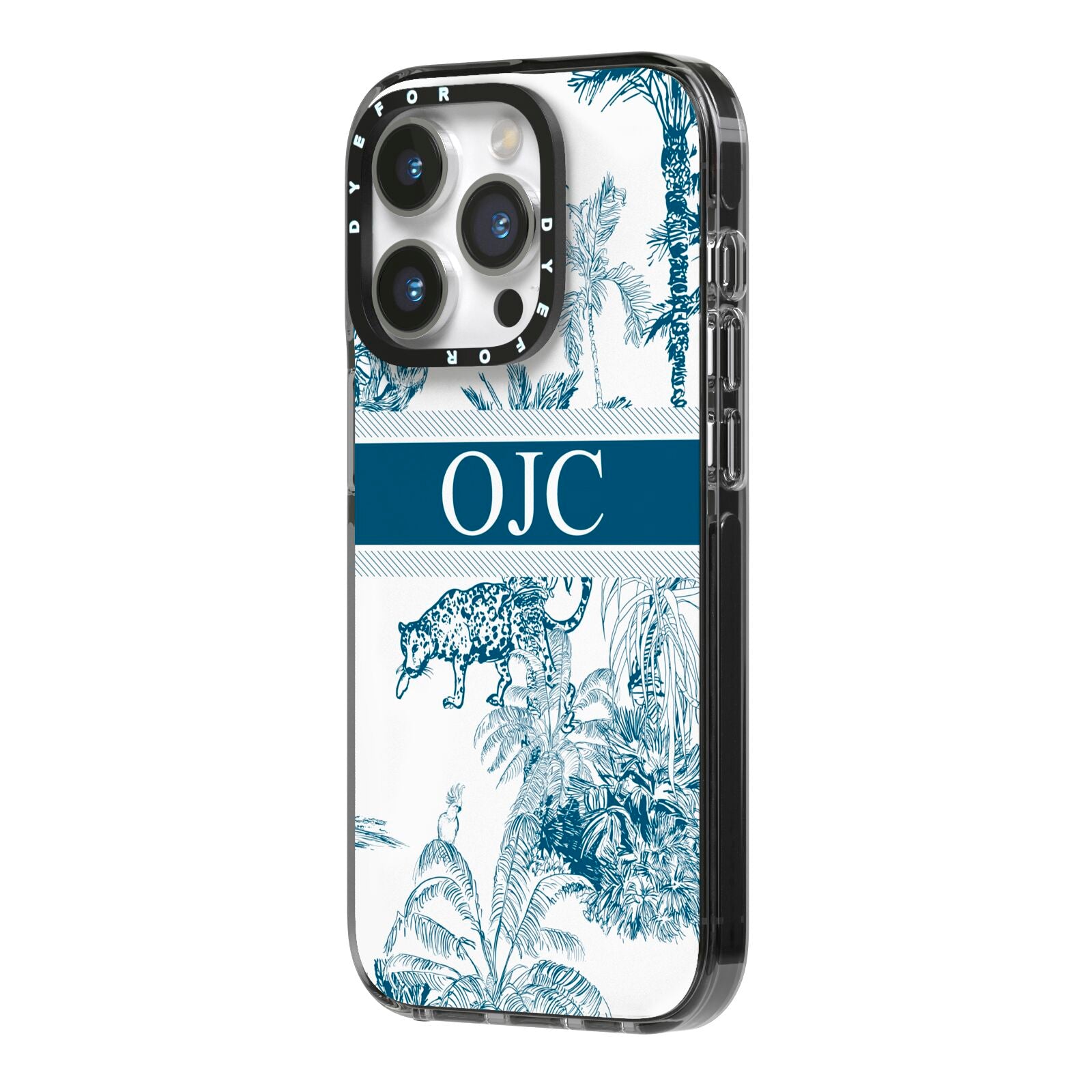 Personalised Tropical Toile iPhone 14 Pro Black Impact Case Side Angle on Silver phone