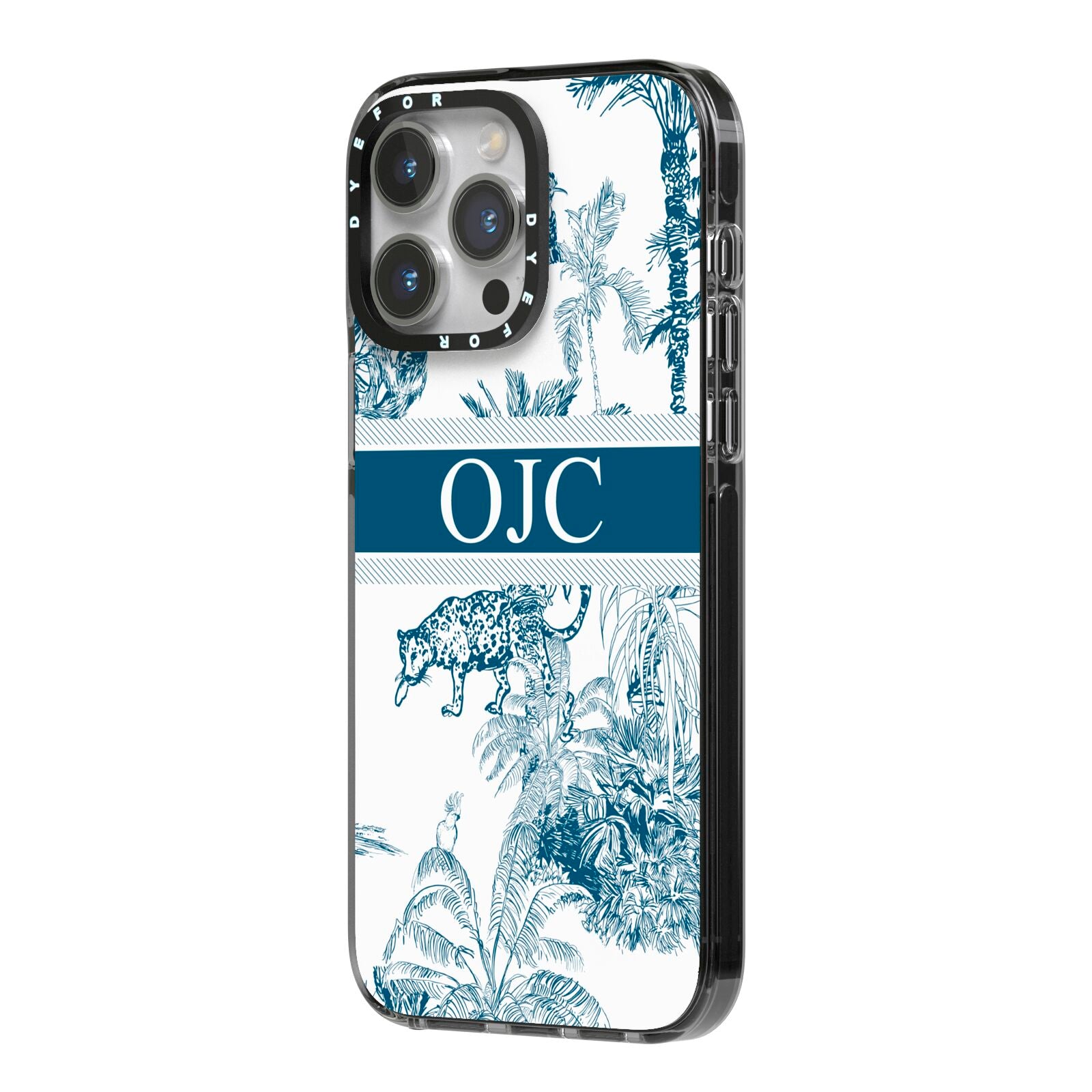 Personalised Tropical Toile iPhone 14 Pro Max Black Impact Case Side Angle on Silver phone