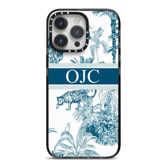 Personalised Tropical Toile iPhone 14 Pro Max Black Impact Case on Silver phone