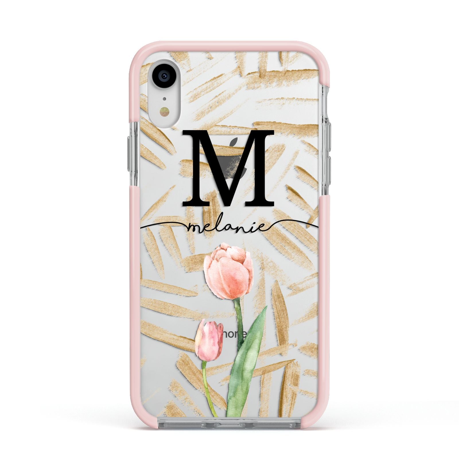 Personalised Tulip Apple iPhone XR Impact Case Pink Edge on Silver Phone