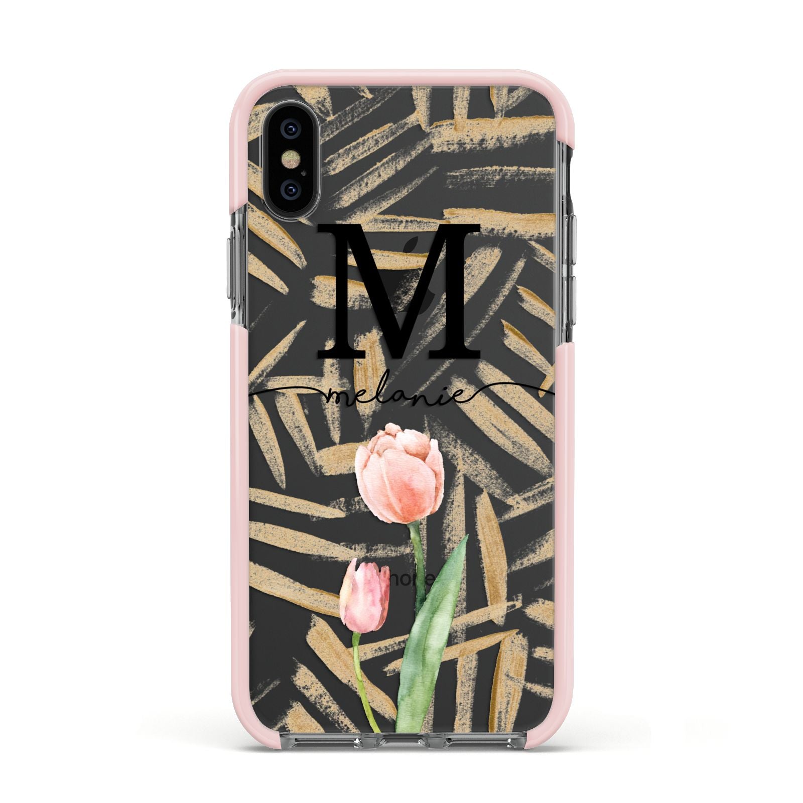 Personalised Tulip Apple iPhone Xs Impact Case Pink Edge on Black Phone