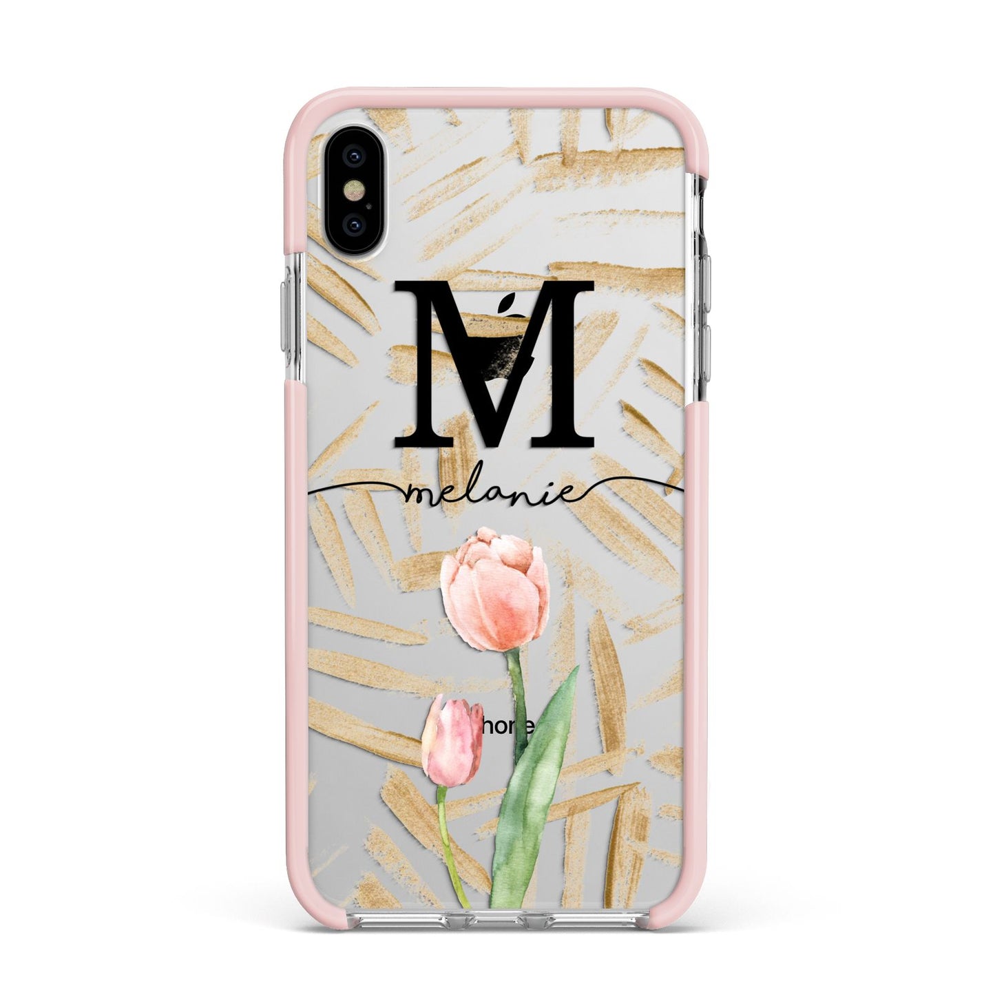 Personalised Tulip Apple iPhone Xs Max Impact Case Pink Edge on Silver Phone