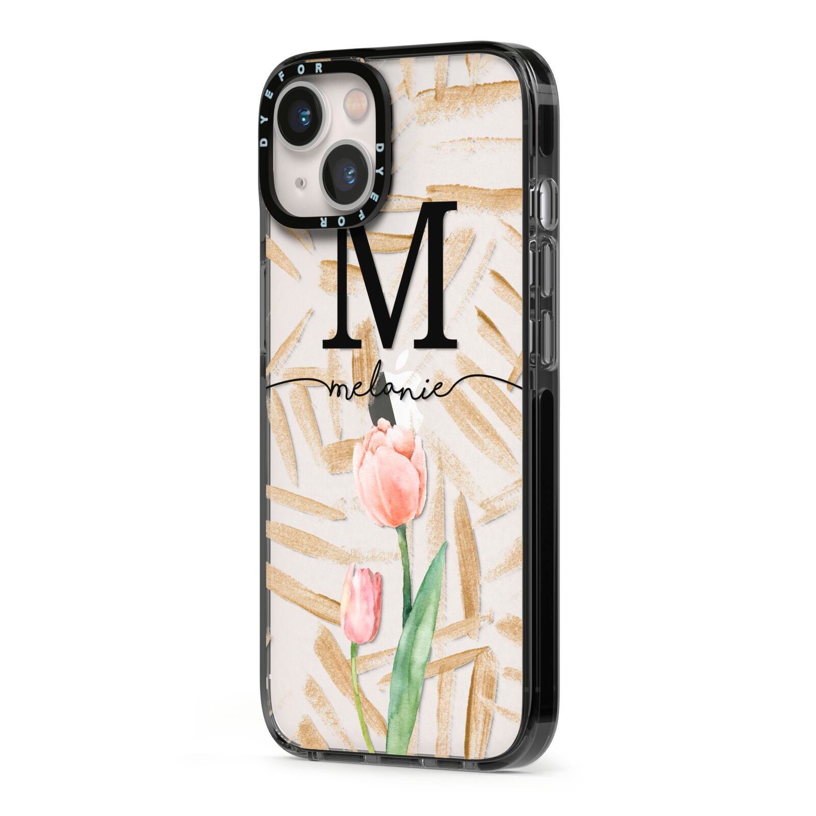 Personalised Tulip iPhone 13 Black Impact Case Side Angle on Silver phone