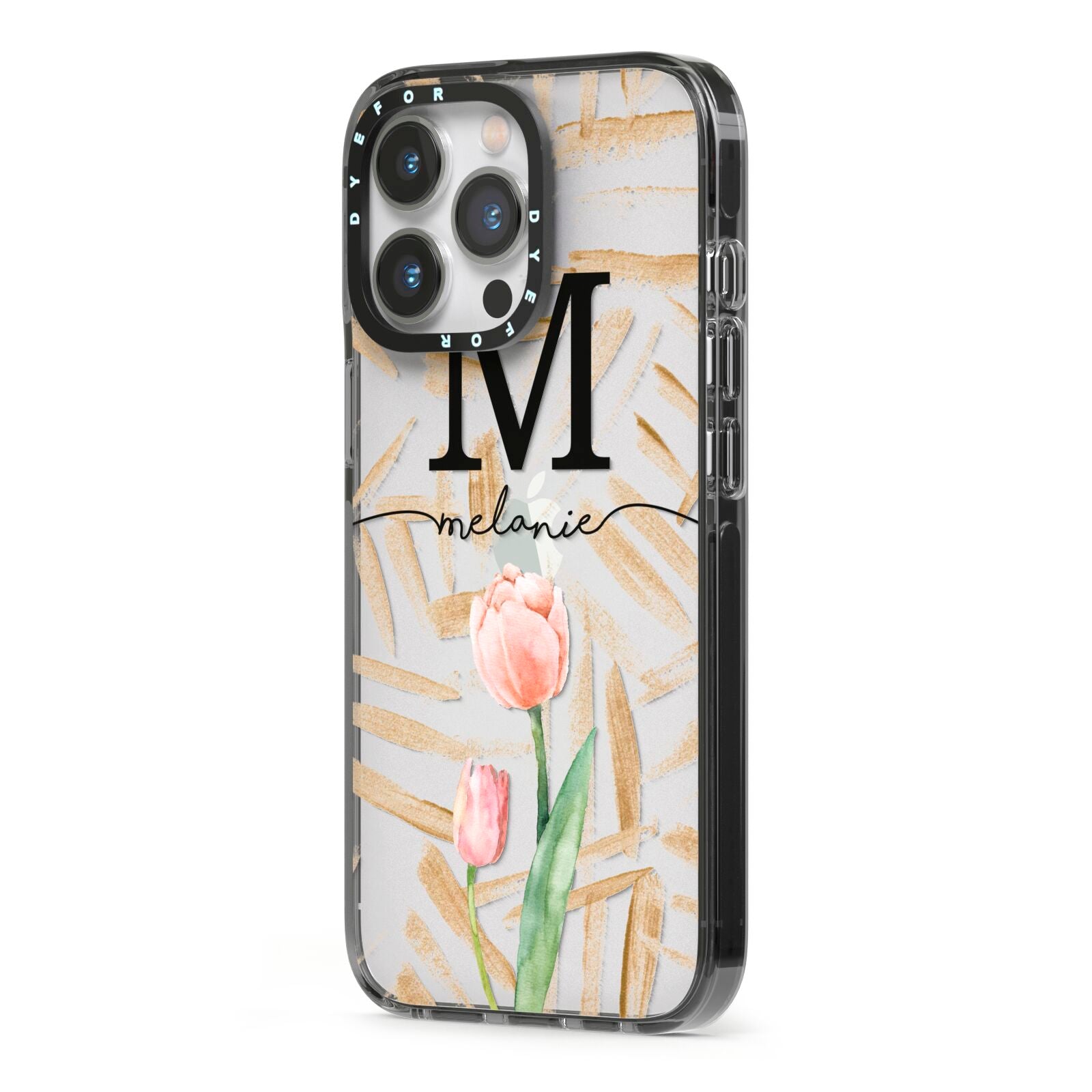 Personalised Tulip iPhone 13 Pro Black Impact Case Side Angle on Silver phone