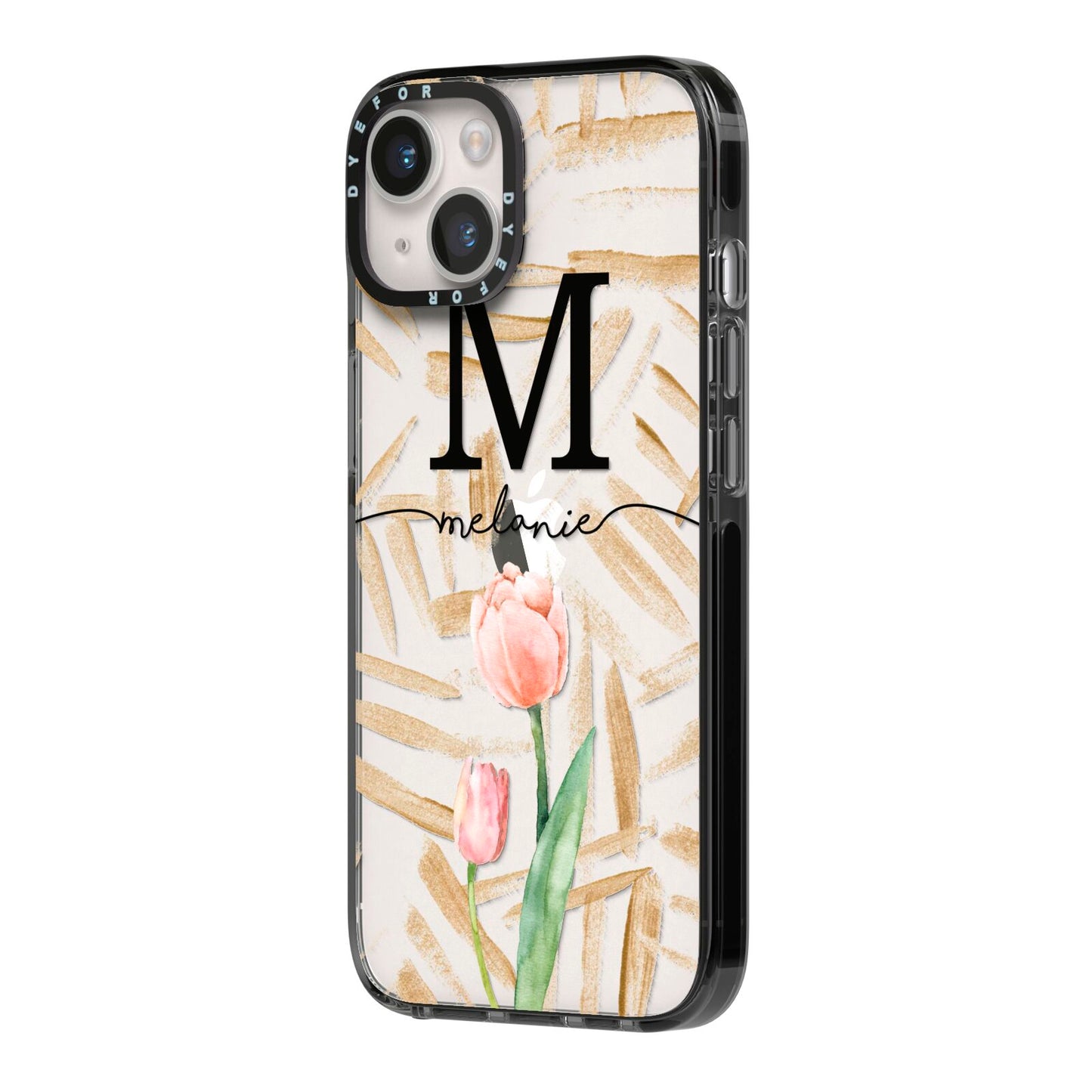 Personalised Tulip iPhone 14 Black Impact Case Side Angle on Silver phone