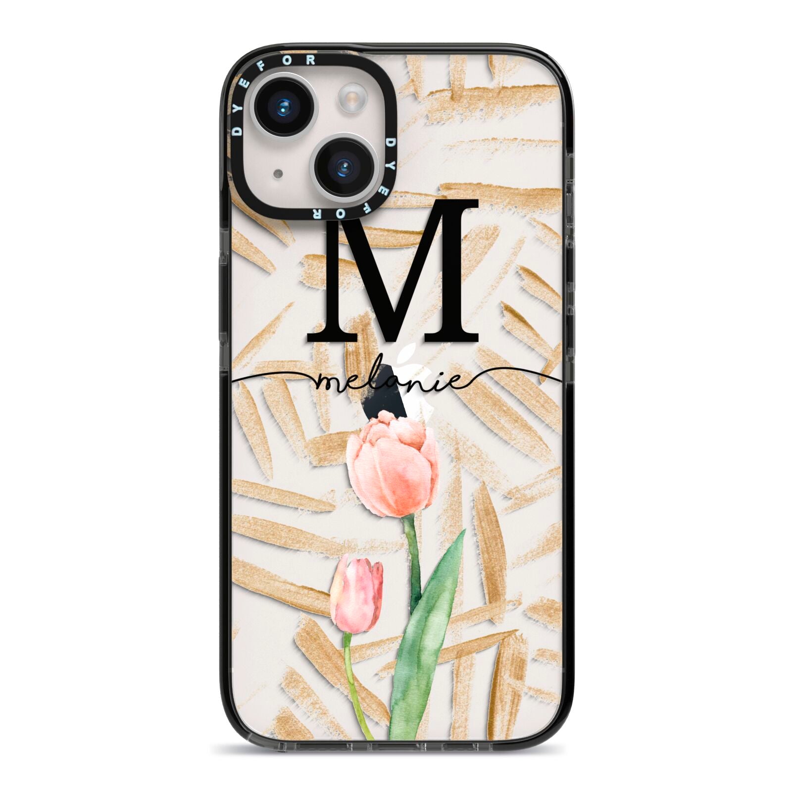 Personalised Tulip iPhone 14 Black Impact Case on Silver phone