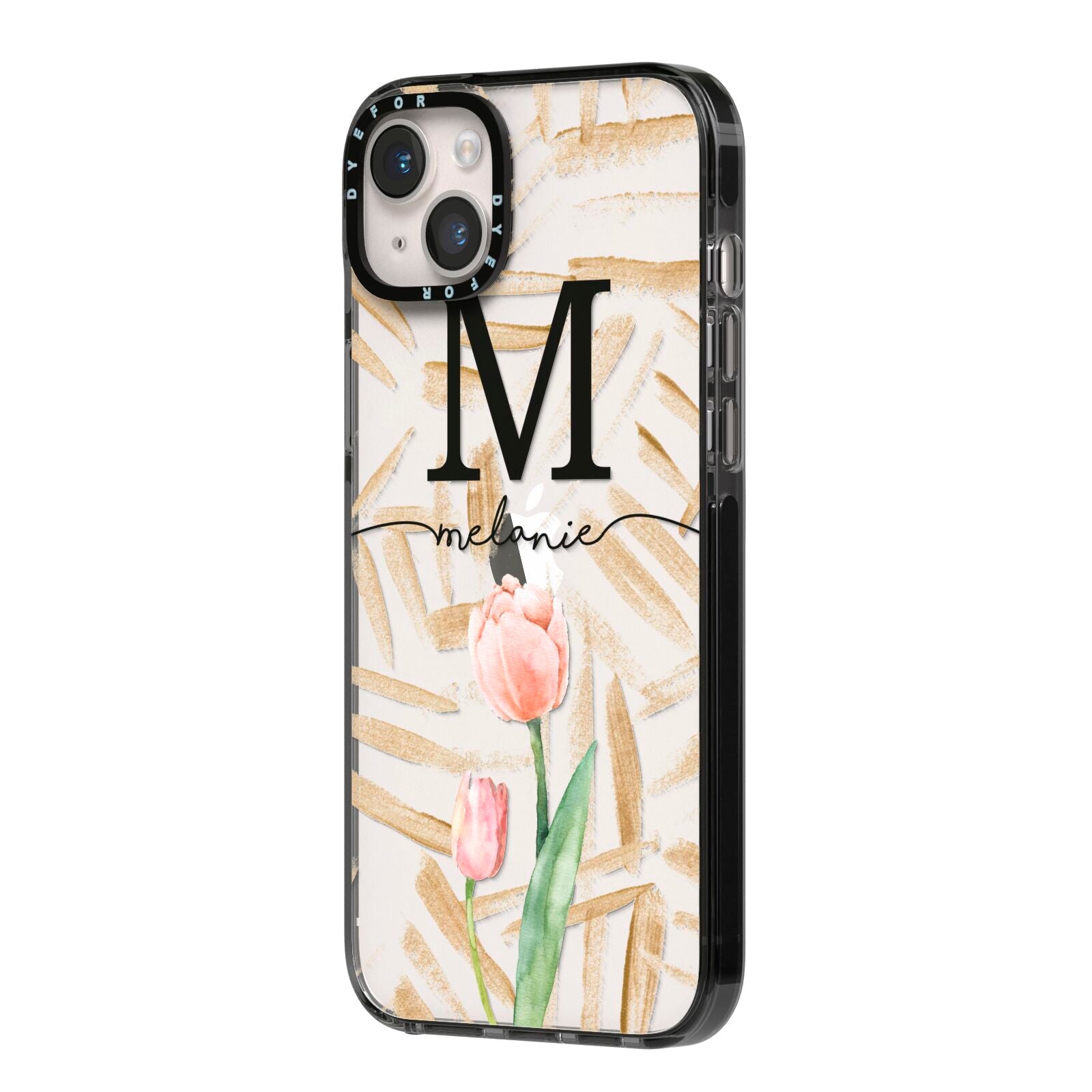 Personalised Tulip iPhone 14 Plus Black Impact Case Side Angle on Silver phone
