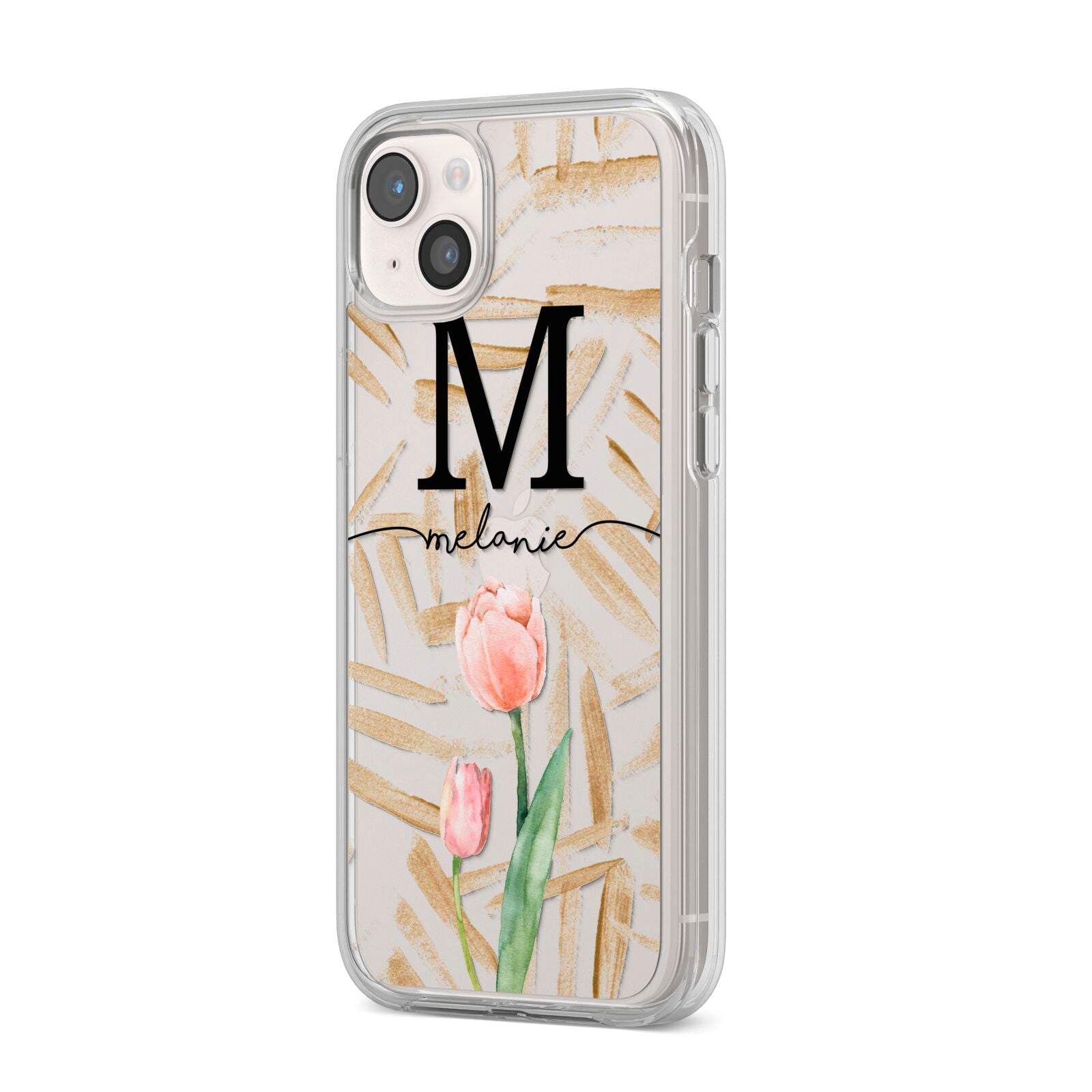 Personalised Tulip iPhone 14 Plus Clear Tough Case Starlight Angled Image
