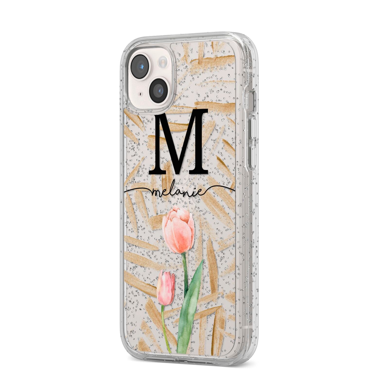 Personalised Tulip iPhone 14 Plus Glitter Tough Case Starlight Angled Image