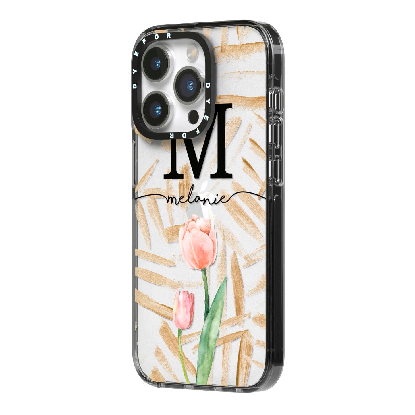 Personalised Tulip iPhone 14 Pro Black Impact Case Side Angle on Silver phone
