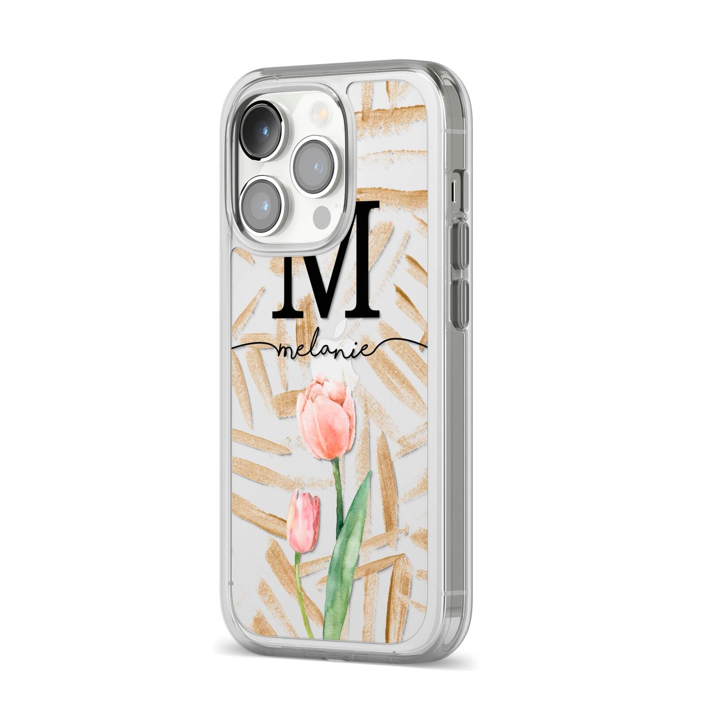 Personalised Tulip iPhone 14 Pro Clear Tough Case Silver Angled Image