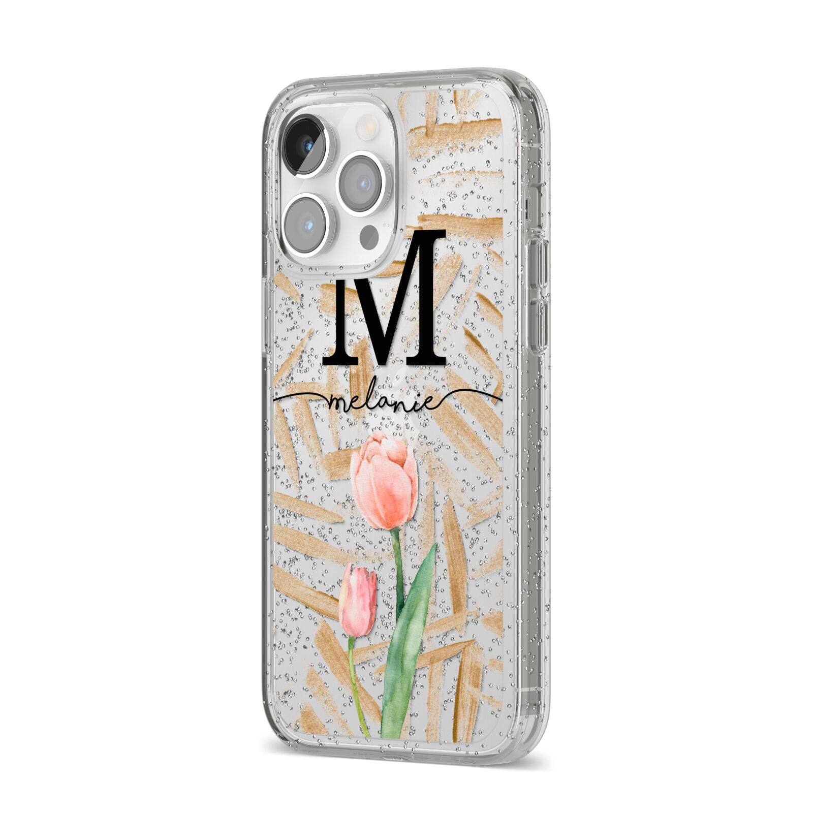 Personalised Tulip iPhone 14 Pro Max Glitter Tough Case Silver Angled Image
