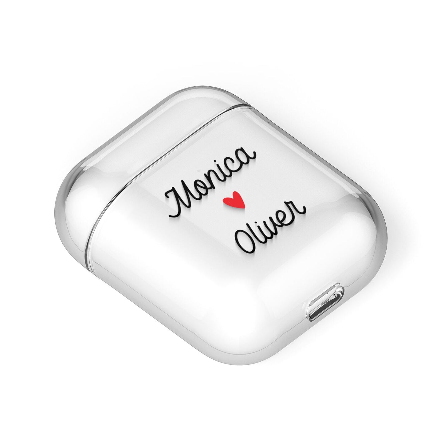 Personalised Two Names Couples Clear Custom Black AirPods Case Laid Flat