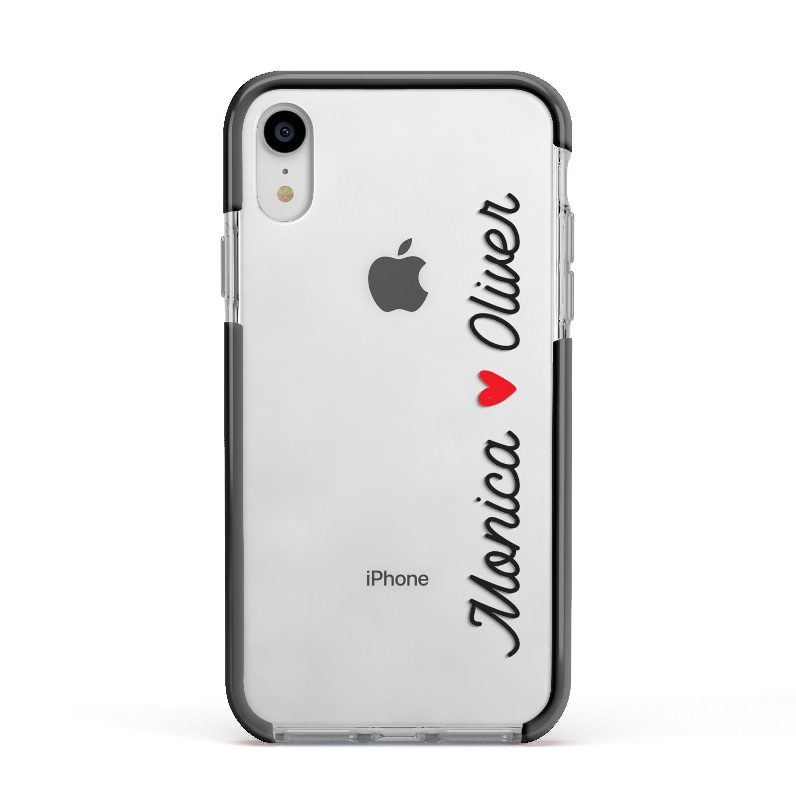 Personalised Two Names Couples Clear Custom Black Apple iPhone XR Impact Case Black Edge on Silver Phone