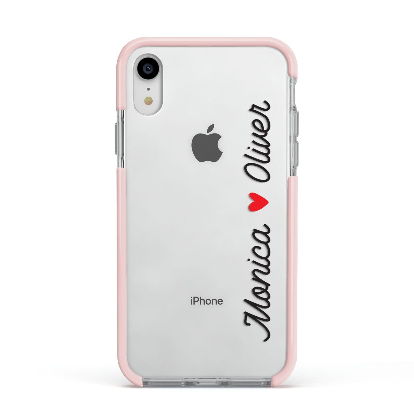 Personalised Two Names Couples Clear Custom Black Apple iPhone XR Impact Case Pink Edge on Silver Phone