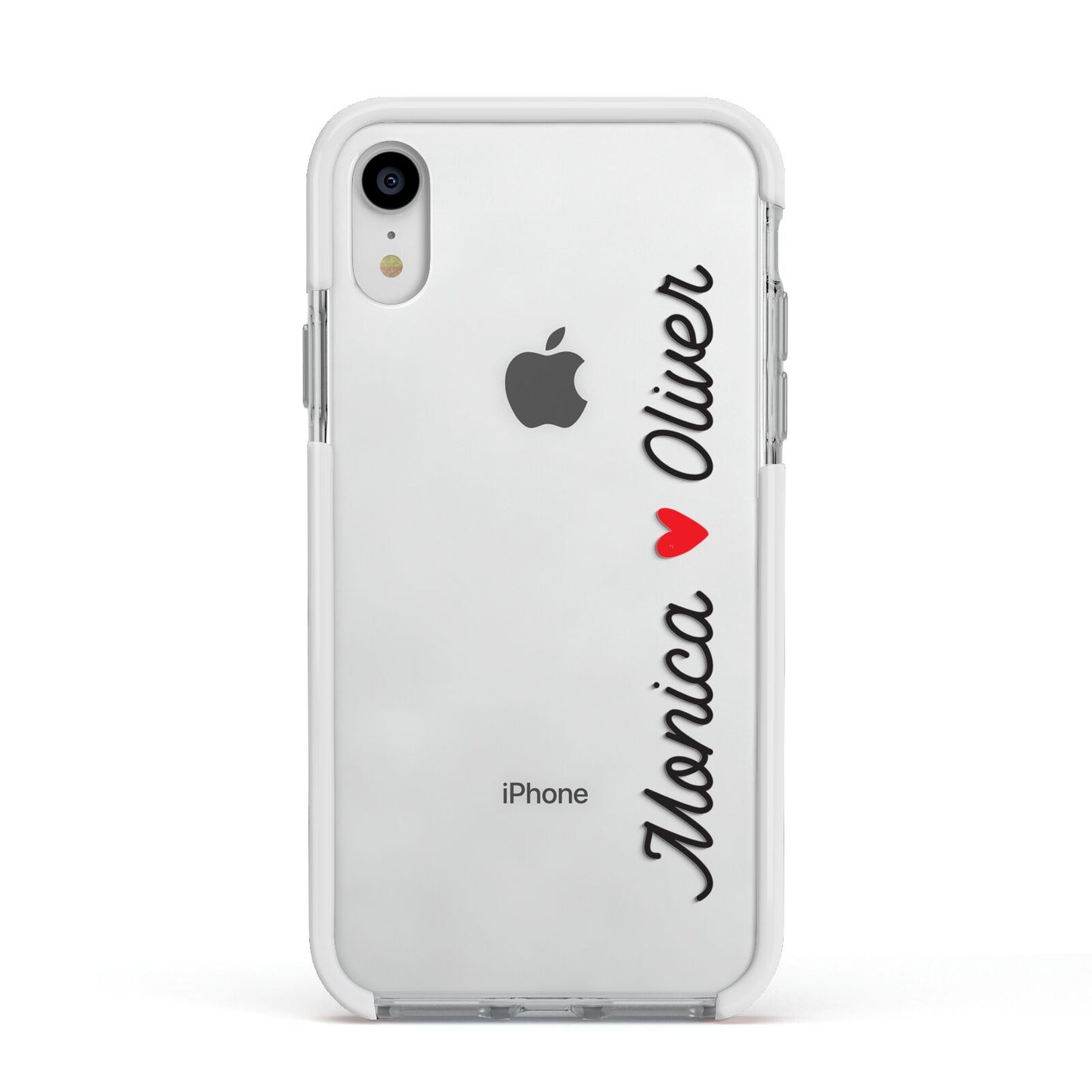 Personalised Two Names Couples Clear Custom Black Apple iPhone XR Impact Case White Edge on Silver Phone
