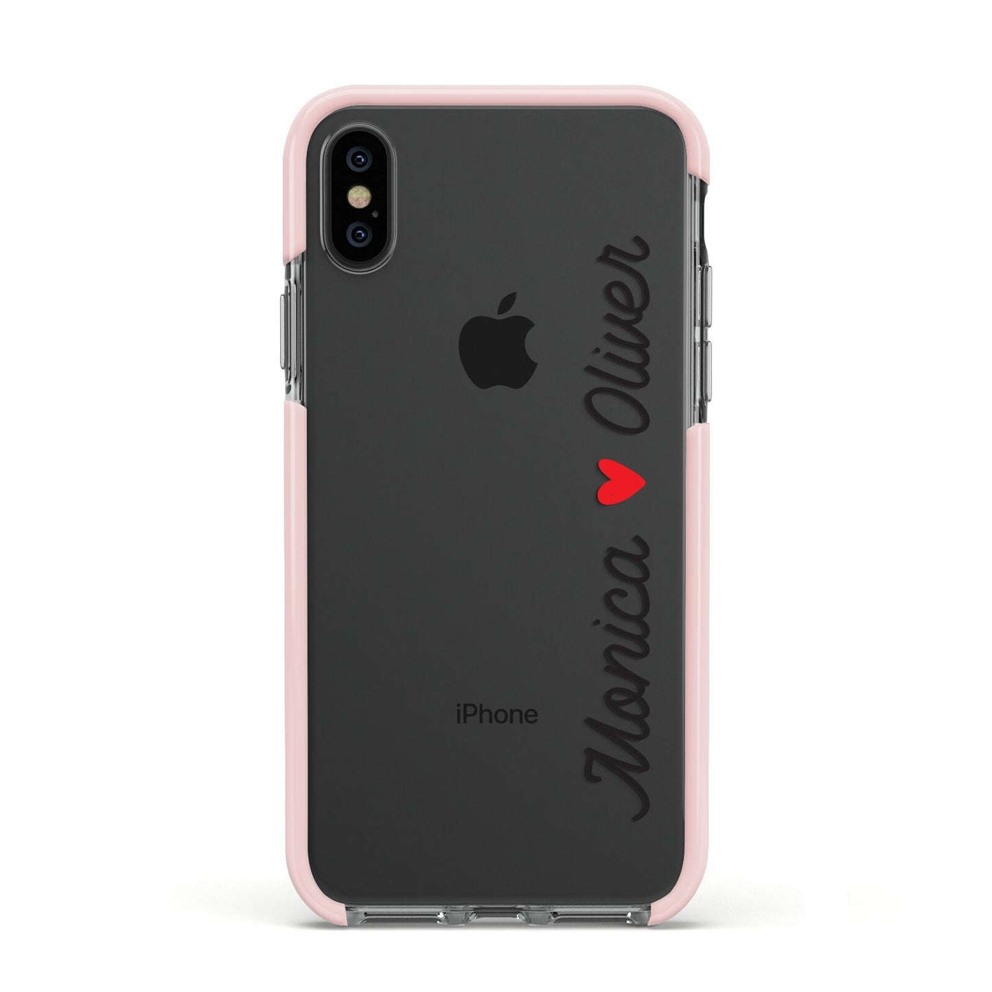 Personalised Two Names Couples Clear Custom Black Apple iPhone Xs Impact Case Pink Edge on Black Phone