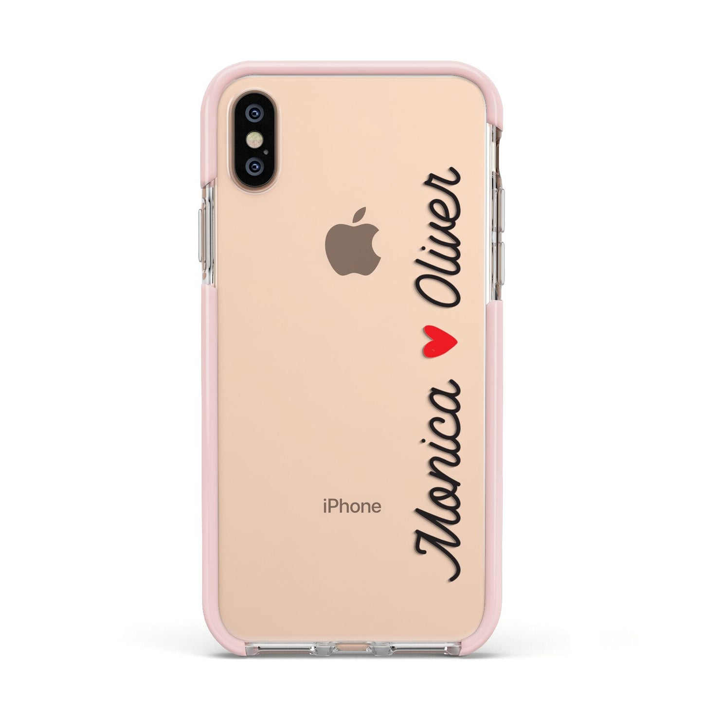 Personalised Two Names Couples Clear Custom Black Apple iPhone Xs Impact Case Pink Edge on Gold Phone