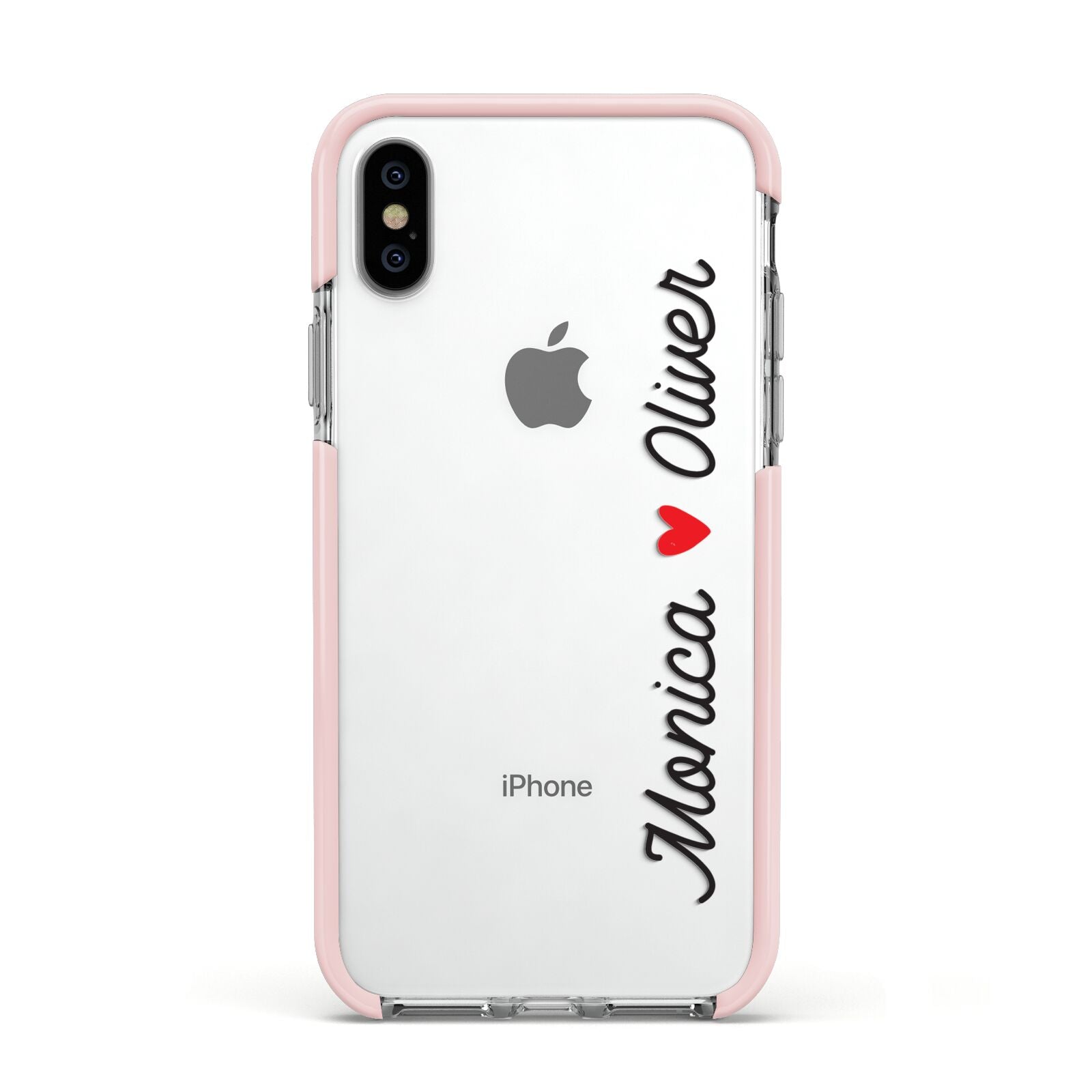 Personalised Two Names Couples Clear Custom Black Apple iPhone Xs Impact Case Pink Edge on Silver Phone