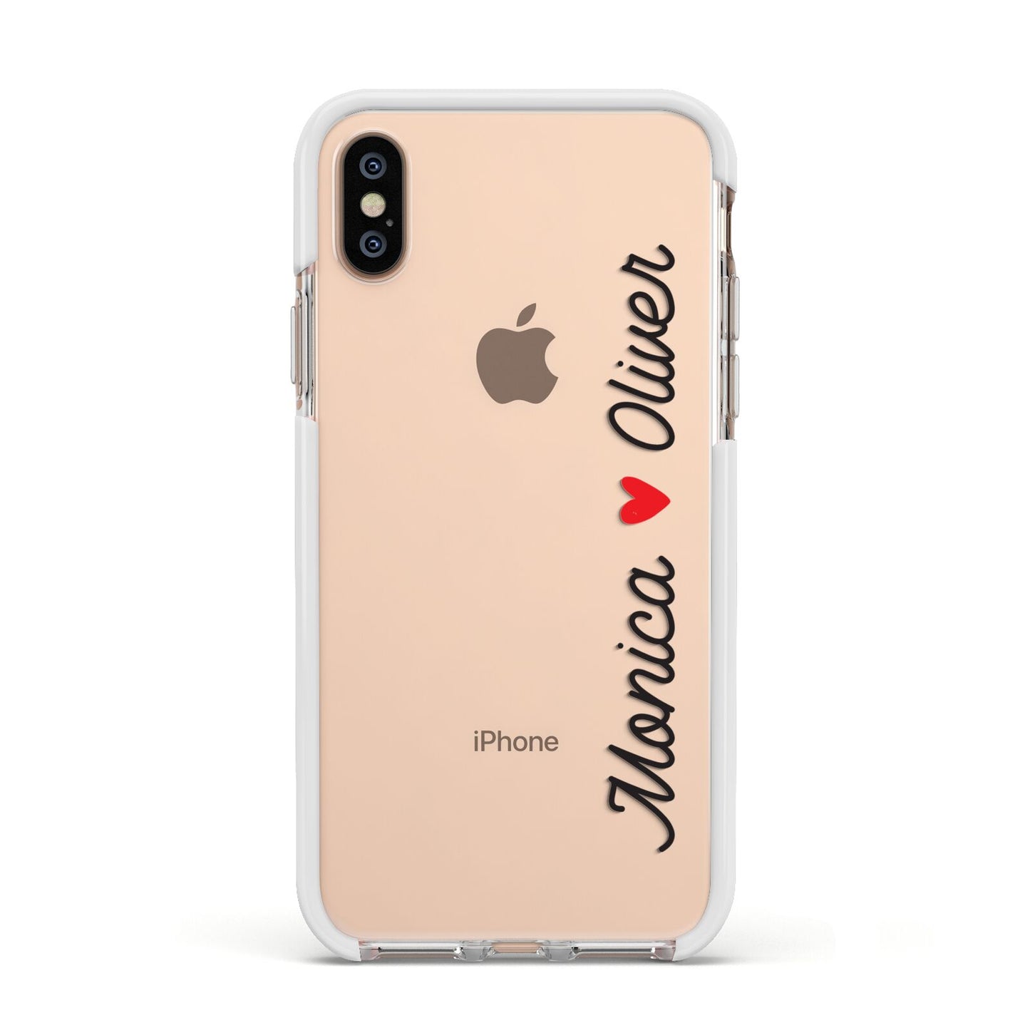Personalised Two Names Couples Clear Custom Black Apple iPhone Xs Impact Case White Edge on Gold Phone