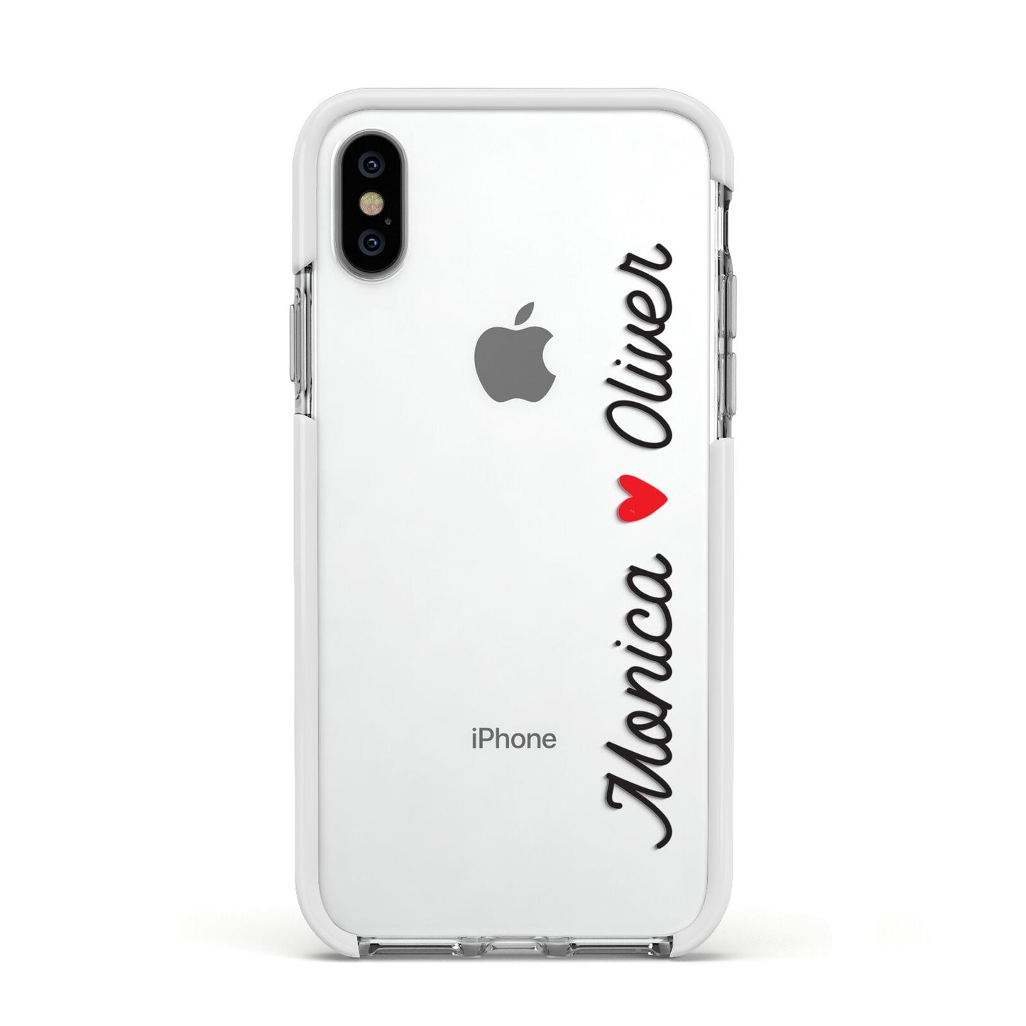 Personalised Two Names Couples Clear Custom Black Apple iPhone Xs Impact Case White Edge on Silver Phone