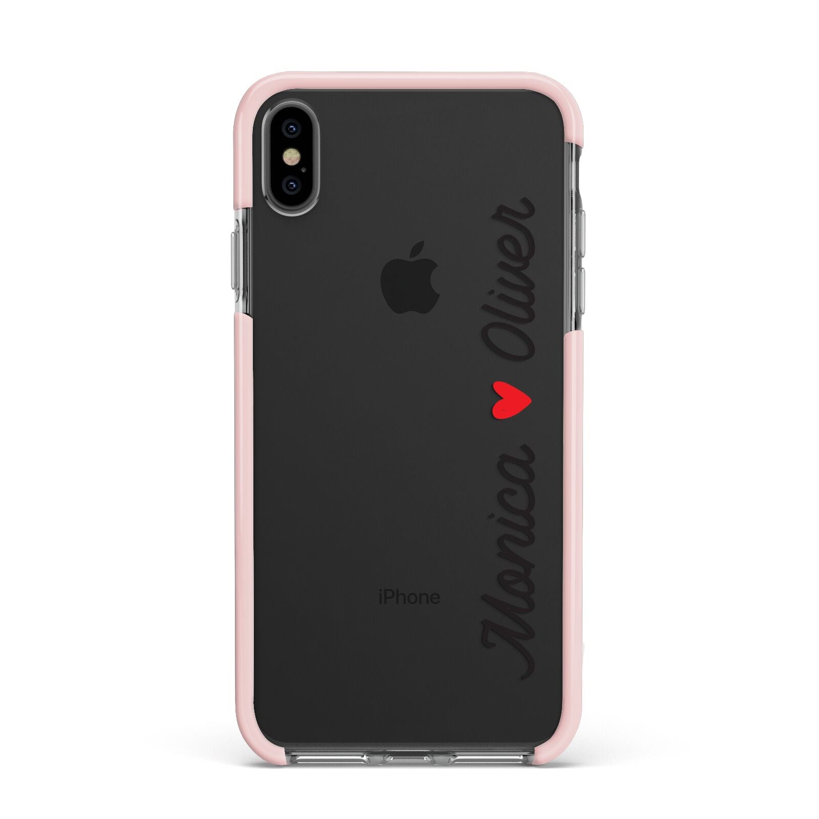 Personalised Two Names Couples Clear Custom Black Apple iPhone Xs Max Impact Case Pink Edge on Black Phone