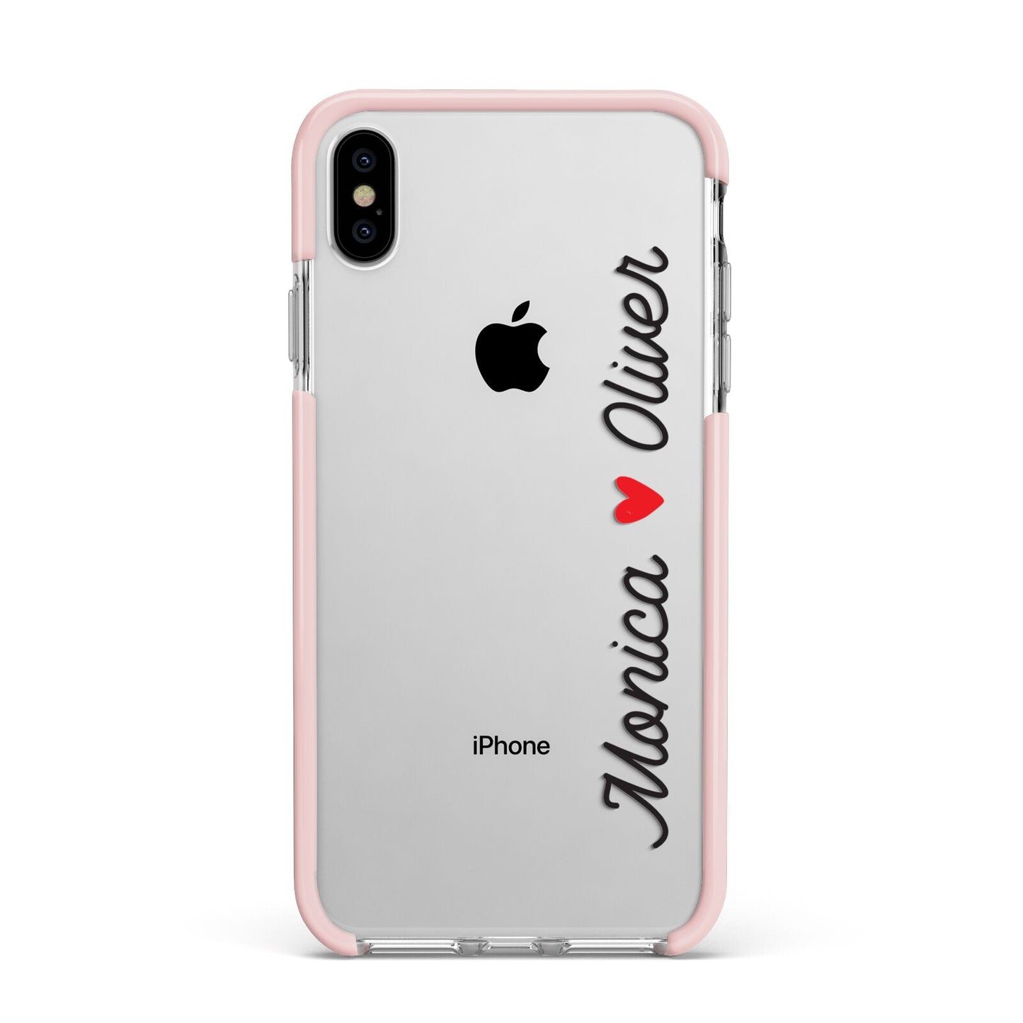 Personalised Two Names Couples Clear Custom Black Apple iPhone Xs Max Impact Case Pink Edge on Silver Phone